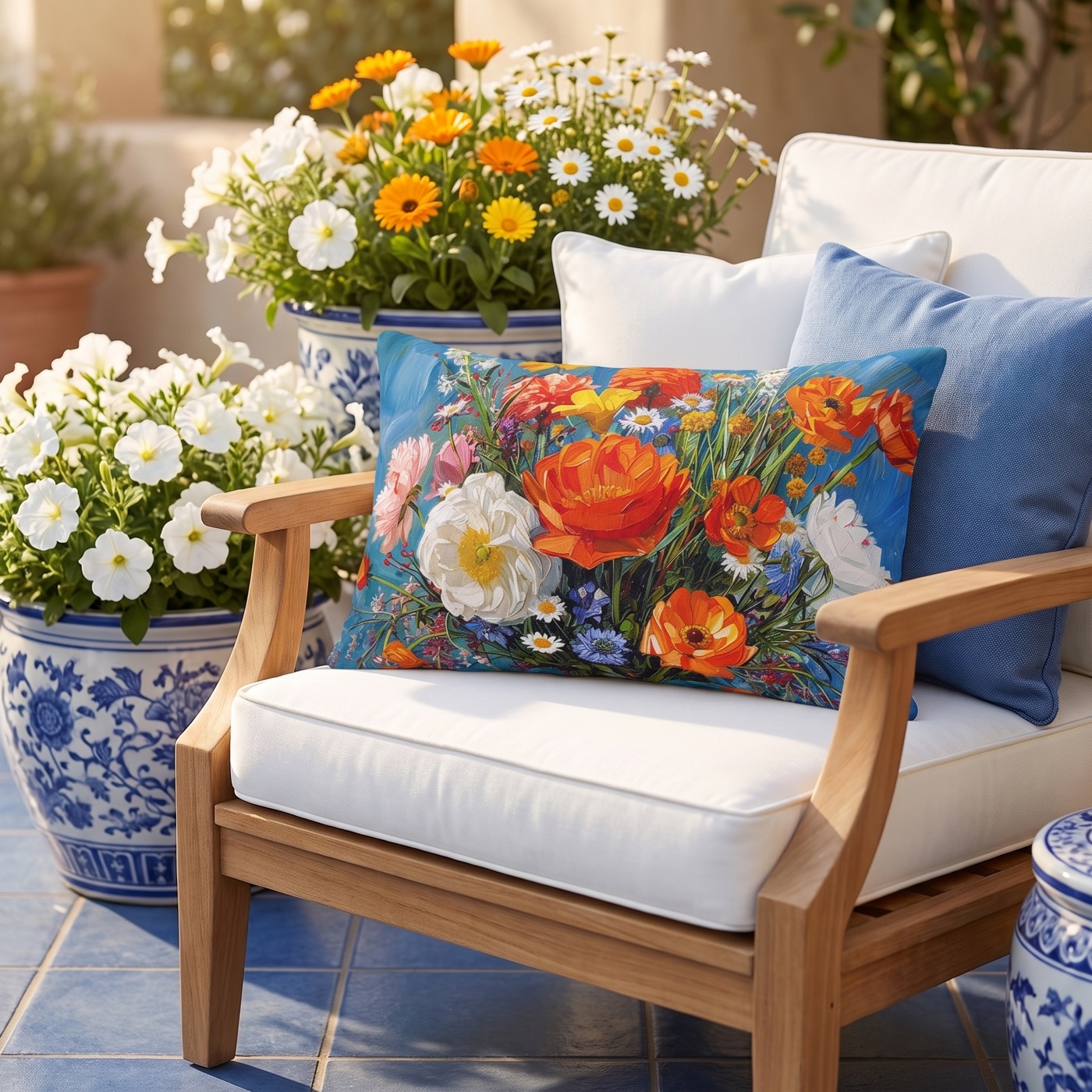 Blossoms on Blue Outdoor Lumbar Pillow — Outdoor Lumbar Pillow