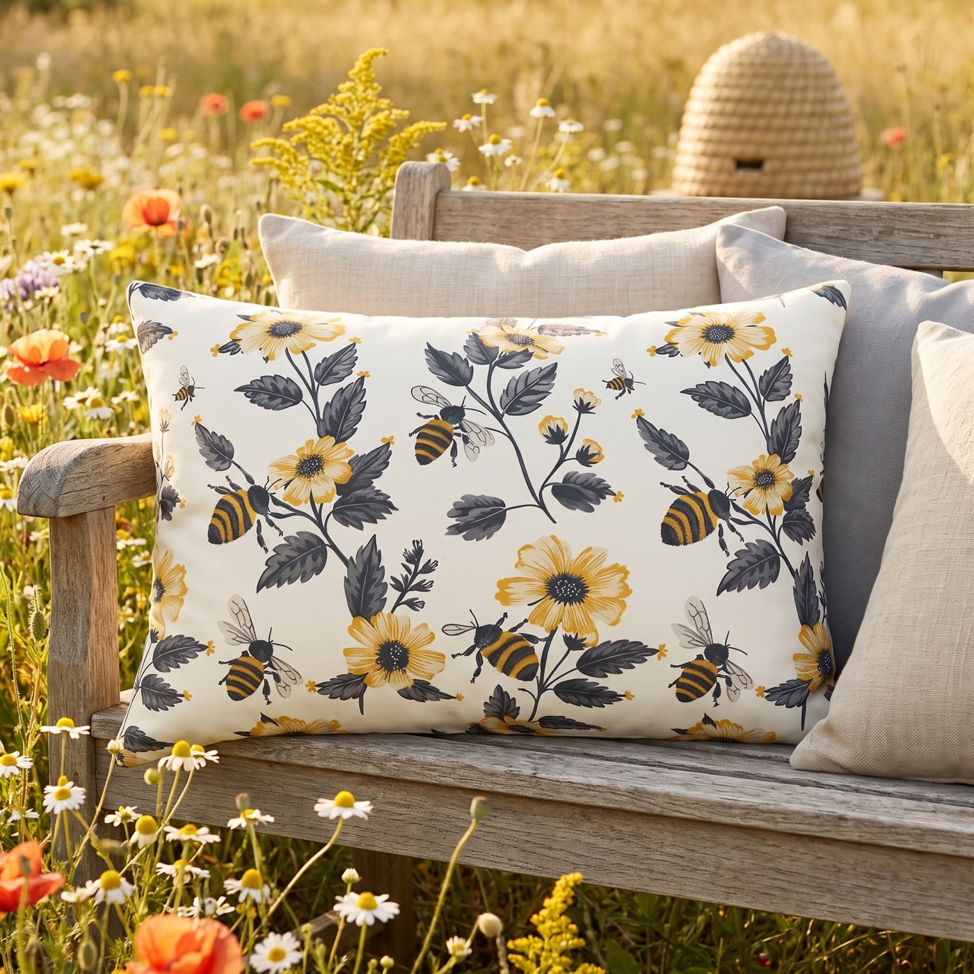 Buzzing Blossoms Outdoor Lumbar Pillow - Spun Polyester - Double-Sided
