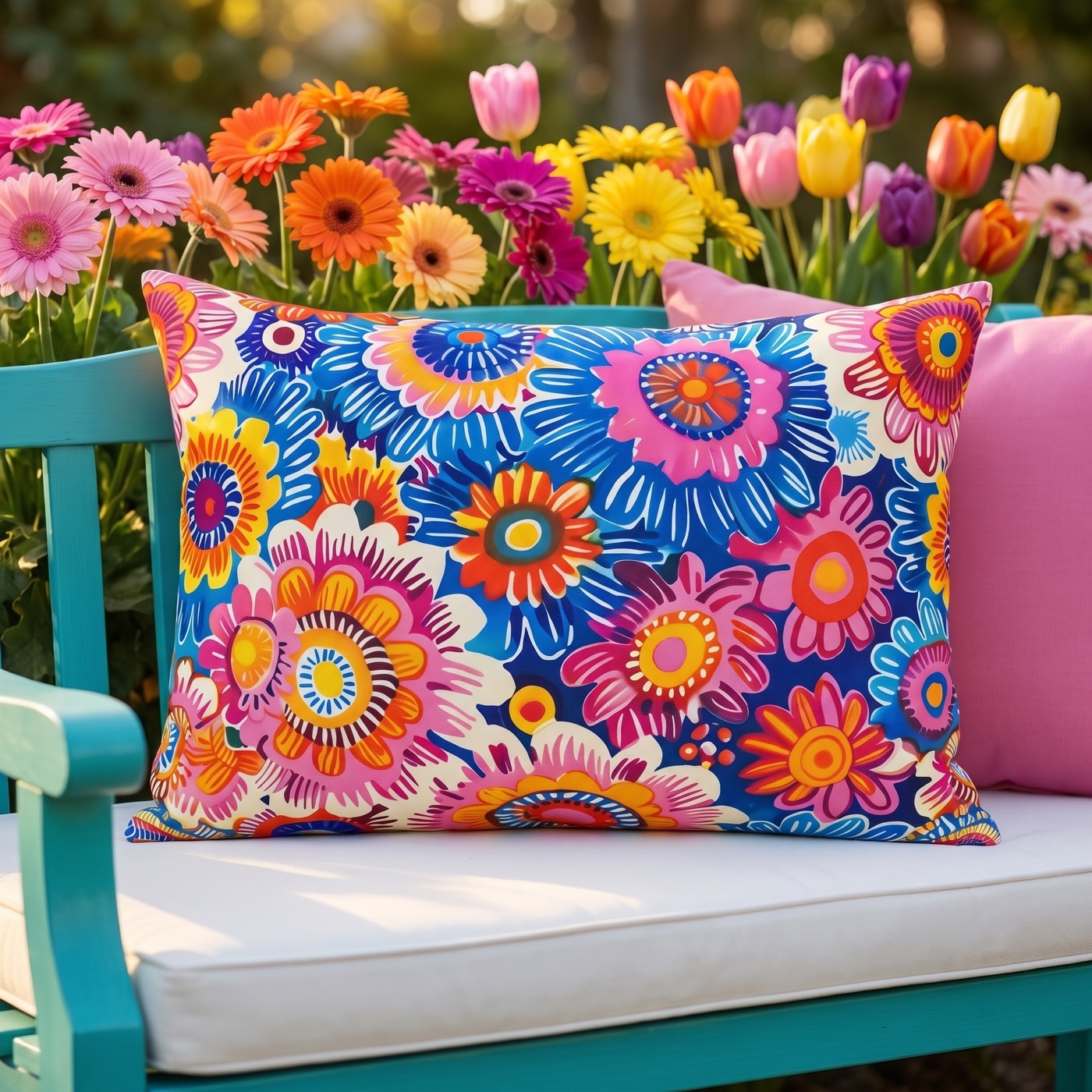 Crayon Blossom Whimsy Outdoor Lumbar Pillow — Outdoor Lumbar Pillow