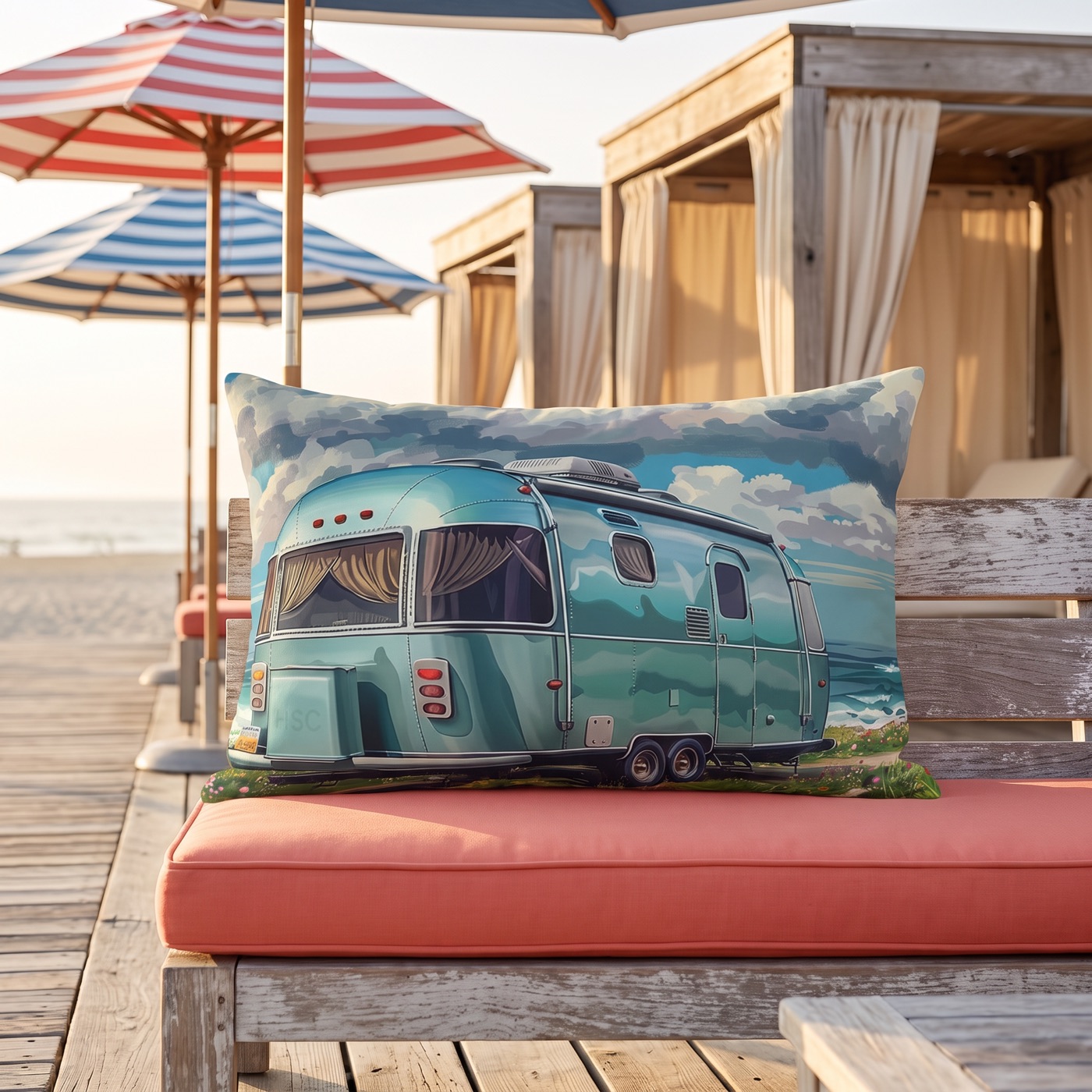 Retro Beach Bliss Outdoor Lumbar Pillow - Spun Polyester - Double-Side