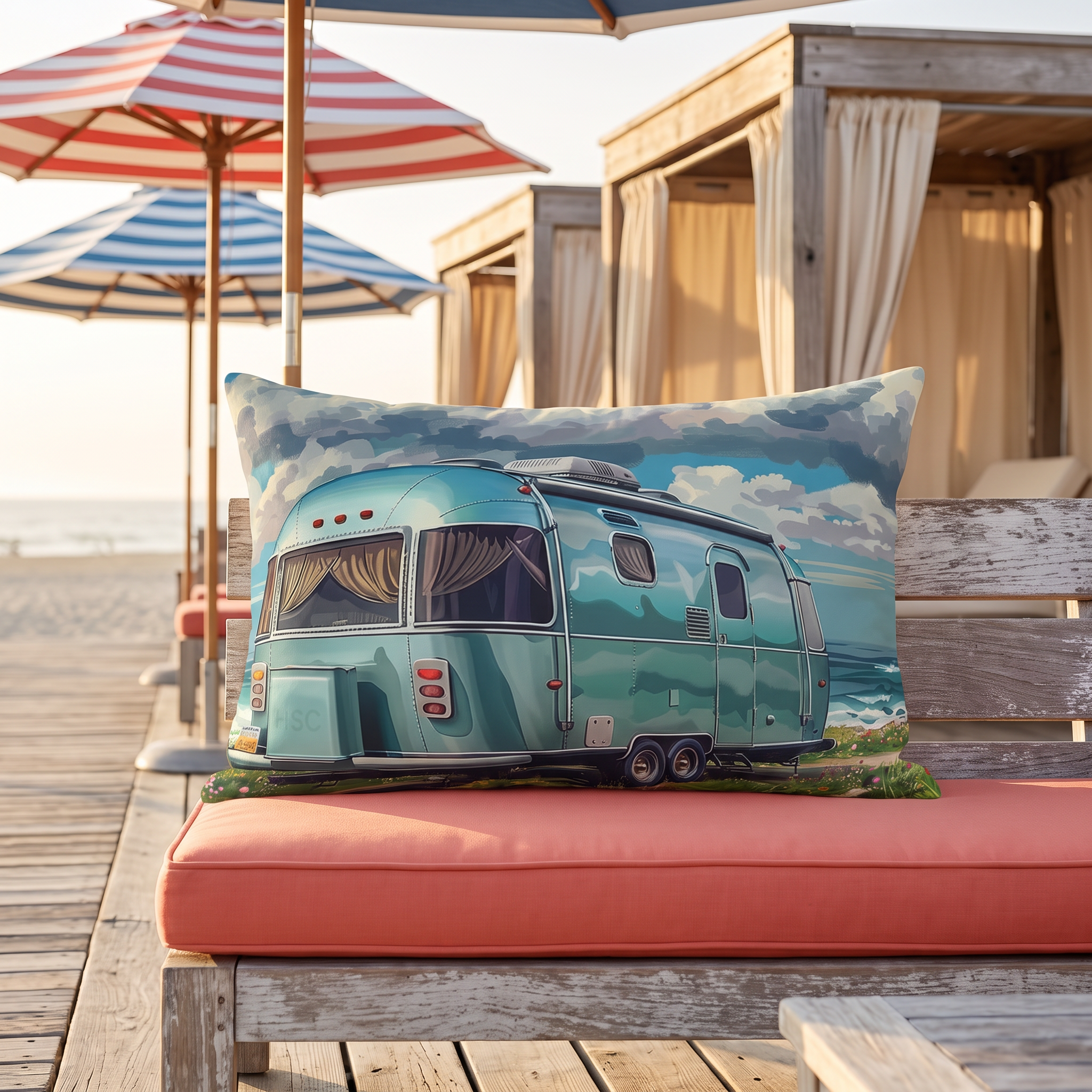 Retro Beach Bliss Outdoor Lumbar Pillow - Spun Polyester - Double-Sided Print - UV-Resistant - Water-Resistant - Lumbar Size: 20" x 14"