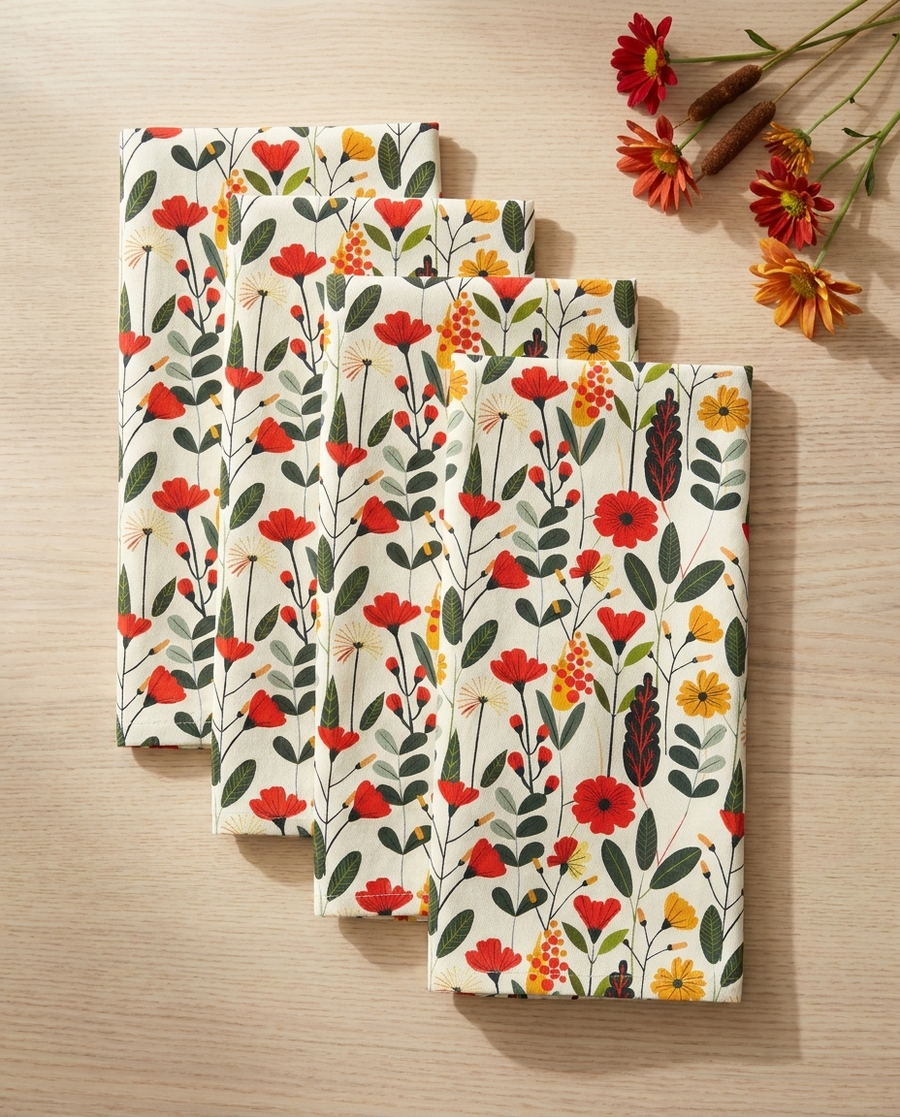 Autumn Bloom Delight Napkins - 100% Cotton Twill - Dinner & Cocktail Sizes - Sets of 4 or 8