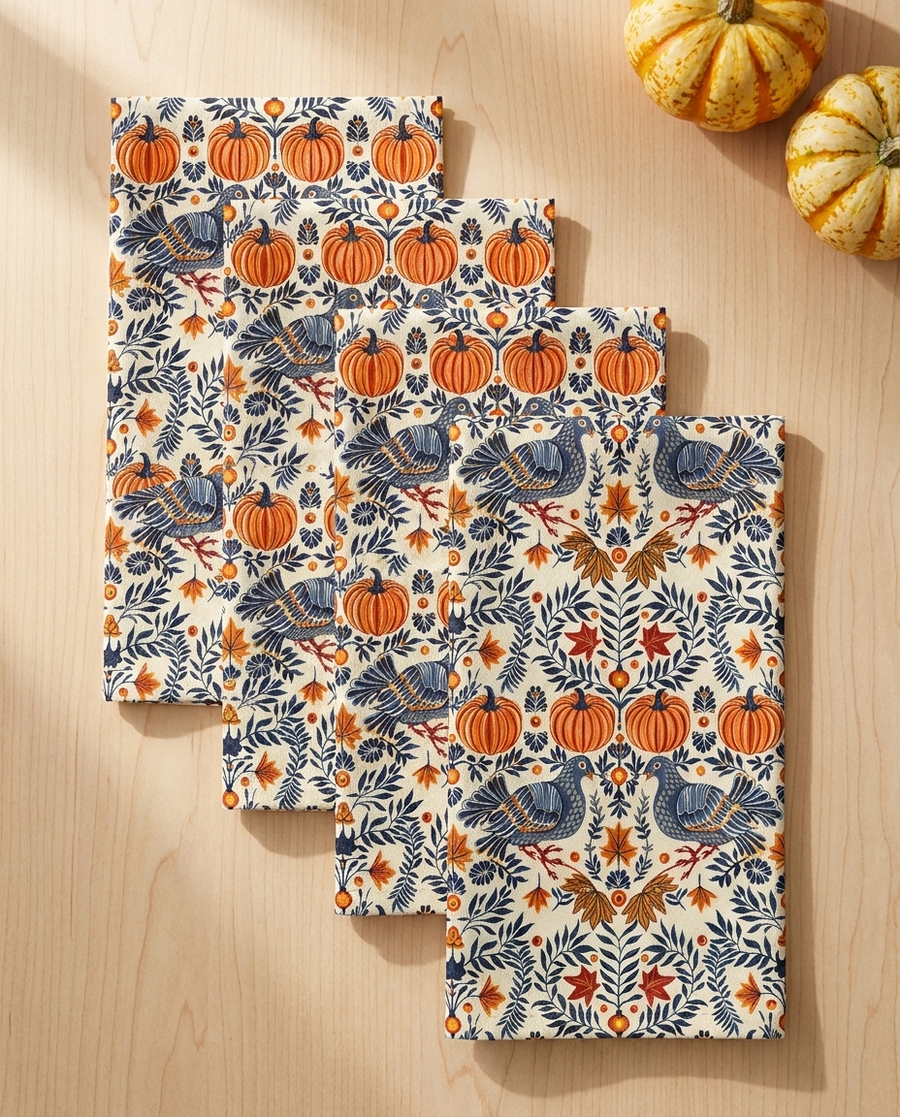 Autumn Harvest Woodcut Napkins - 100% Cotton Twill - Dinner & Cocktail Sizes - Sets of 4 or 8