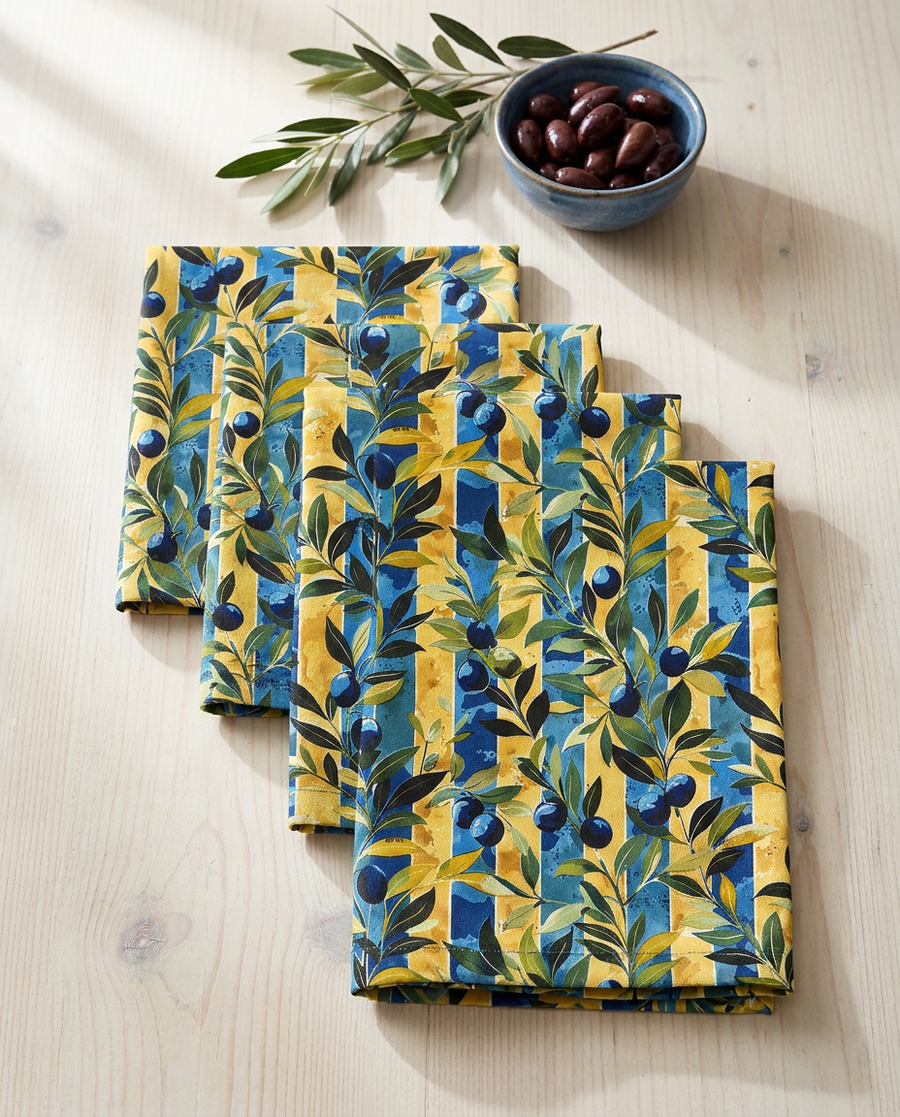Olive Orchard Stripes Napkins - 100% Cotton Twill - Dinner & Cocktail Sizes - Sets of 4 or 8