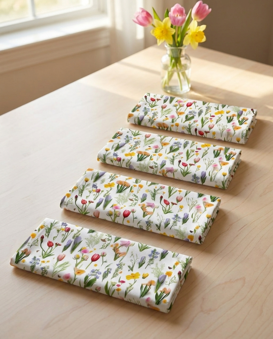Spring Floral Napkins - 100% Cotton Twill - Dinner & Cocktail Sizes - Sets of 4 or 8