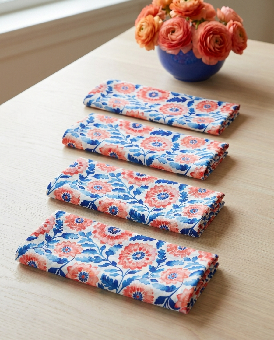 Whimsical Batik Blossoms Napkins - 100% Cotton Twill - Dinner & Cocktail Sizes - Sets of 4 or 8