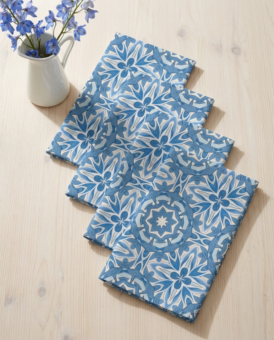 Delft Blue Star Tile Napkins - 100% Cotton Twill - Dinner & Cocktail Sizes - Sets of 4 or 8