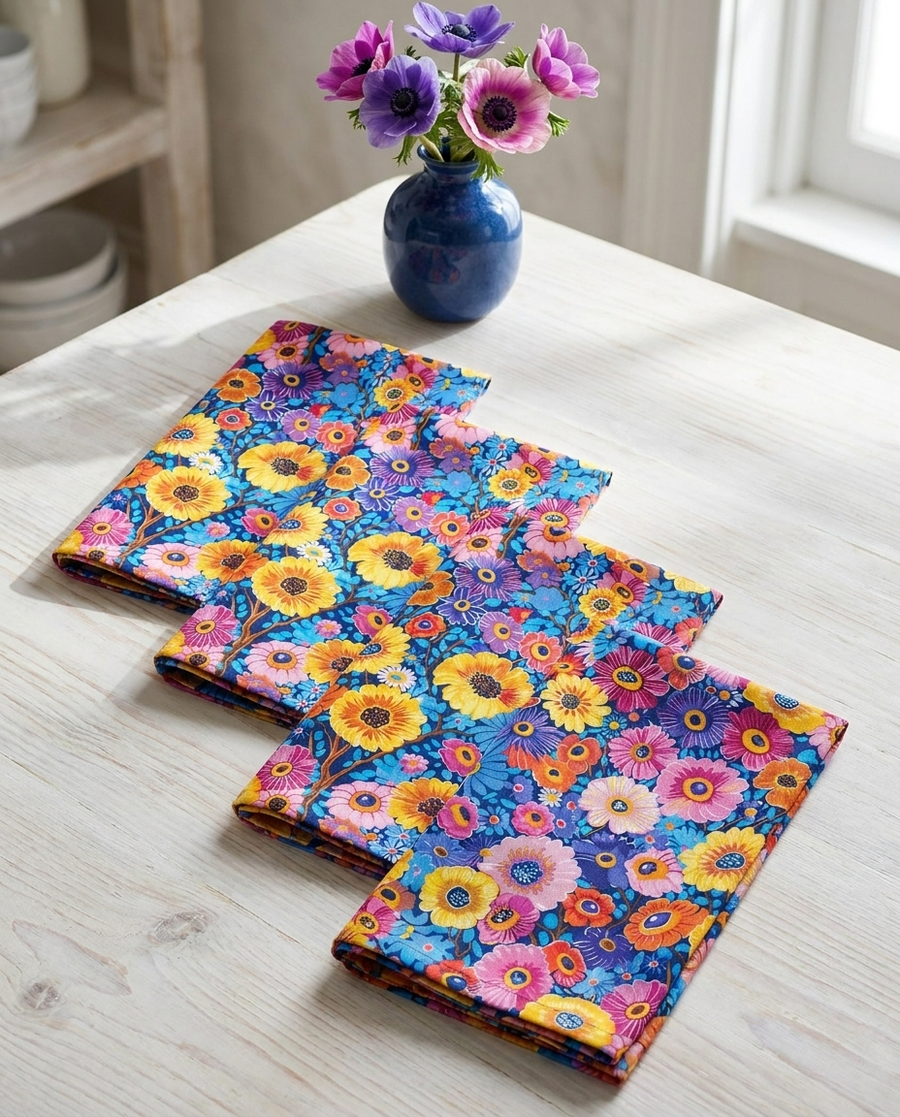 Midnight Garden Whimsy Napkins - 100% Cotton Twill - Dinner & Cocktail Sizes - Sets of 4 or 8