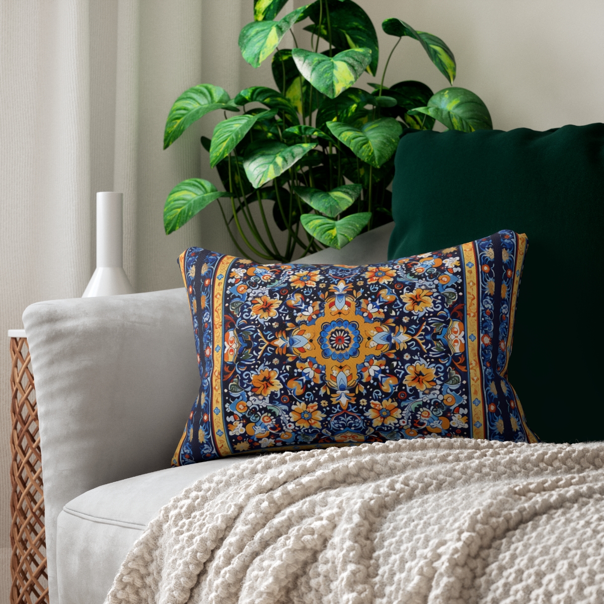 Byzantine Blue Bloom Lumbar Pillow - Spun Polyester - Double-Sided Pri