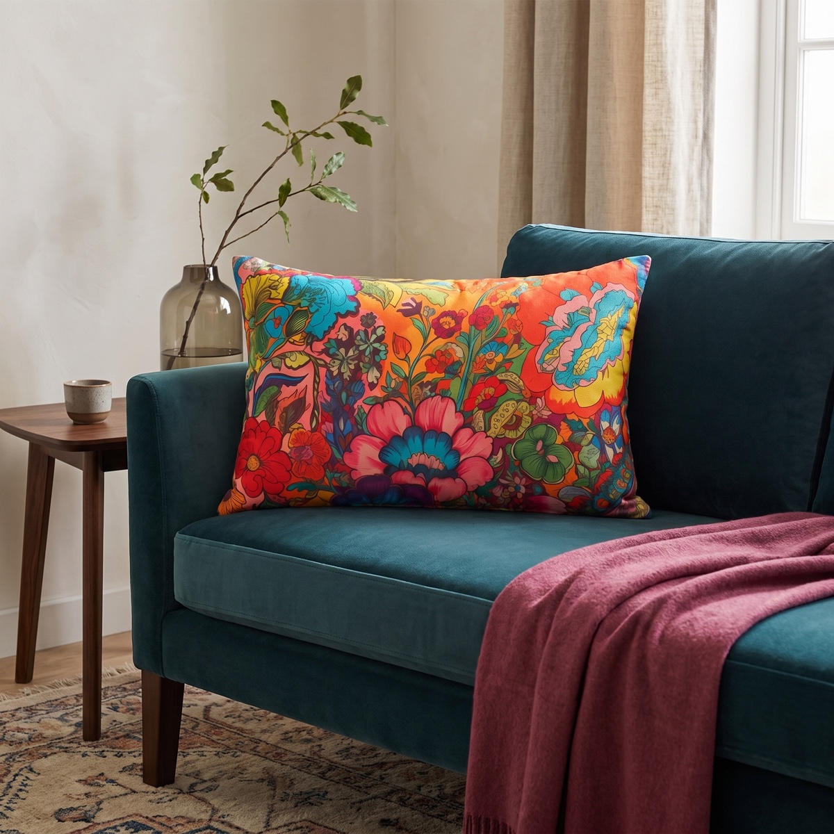 Kaleidoscopic Floral Dance Lumbar Pillow - Spun Polyester - Double-Sided Print - Concealed Zipper - 20 x 14