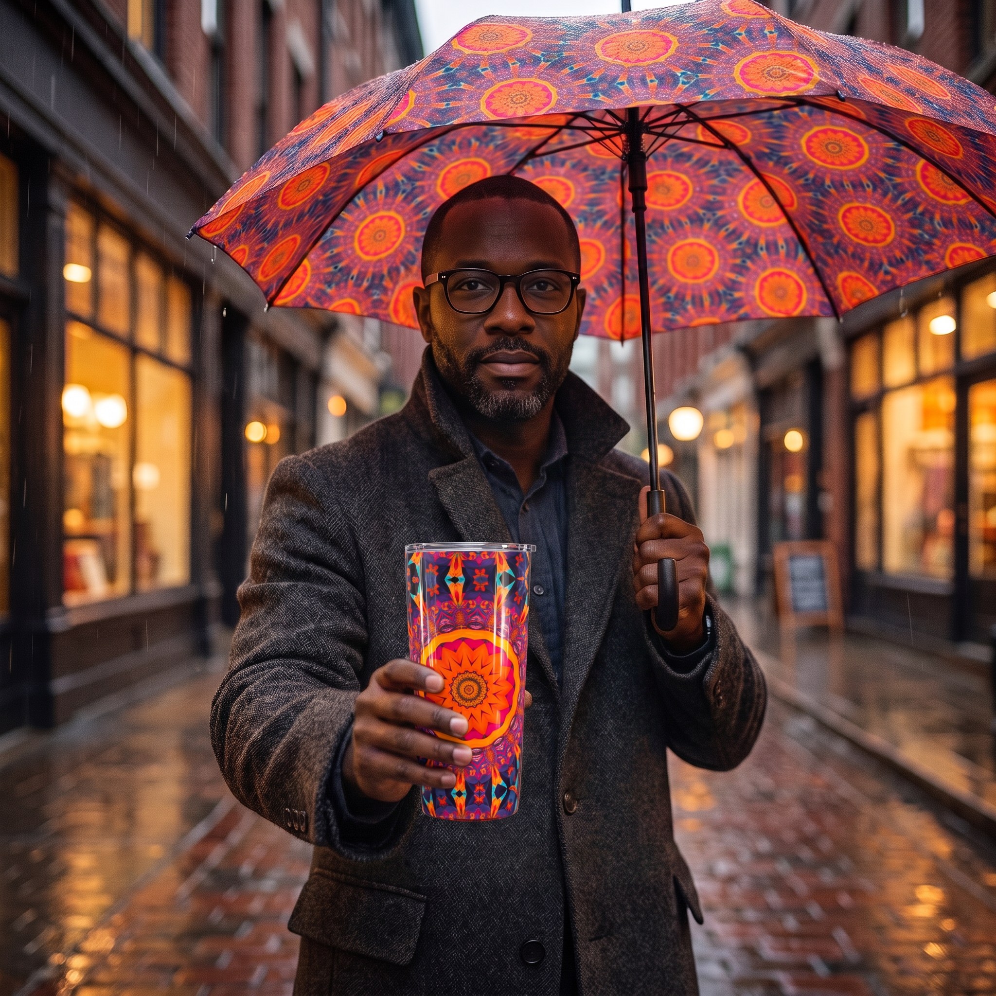 Fiery Mosaic Magic tumbler with its matching umbrella