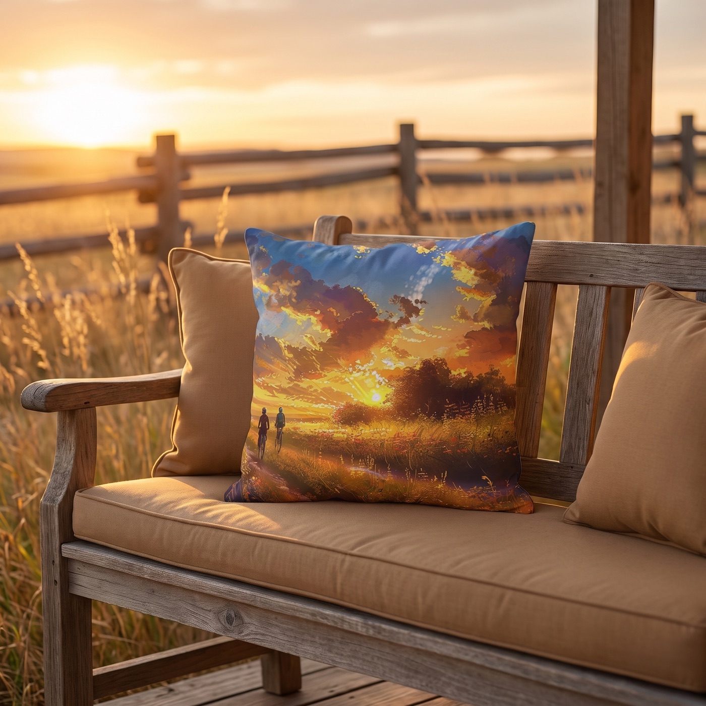 Golden Sunset Ride Square Outdoor Pillow - Spun Polyester - Double-Sid