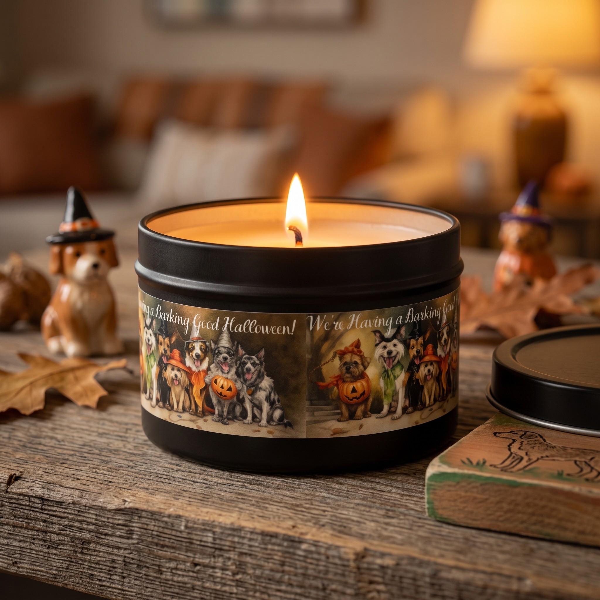 We're Having a Barking Good Halloween! Tin Candle. Spooky Treats in a Tin. Available in 2 sizes, 3 finishes, and 5 scents.