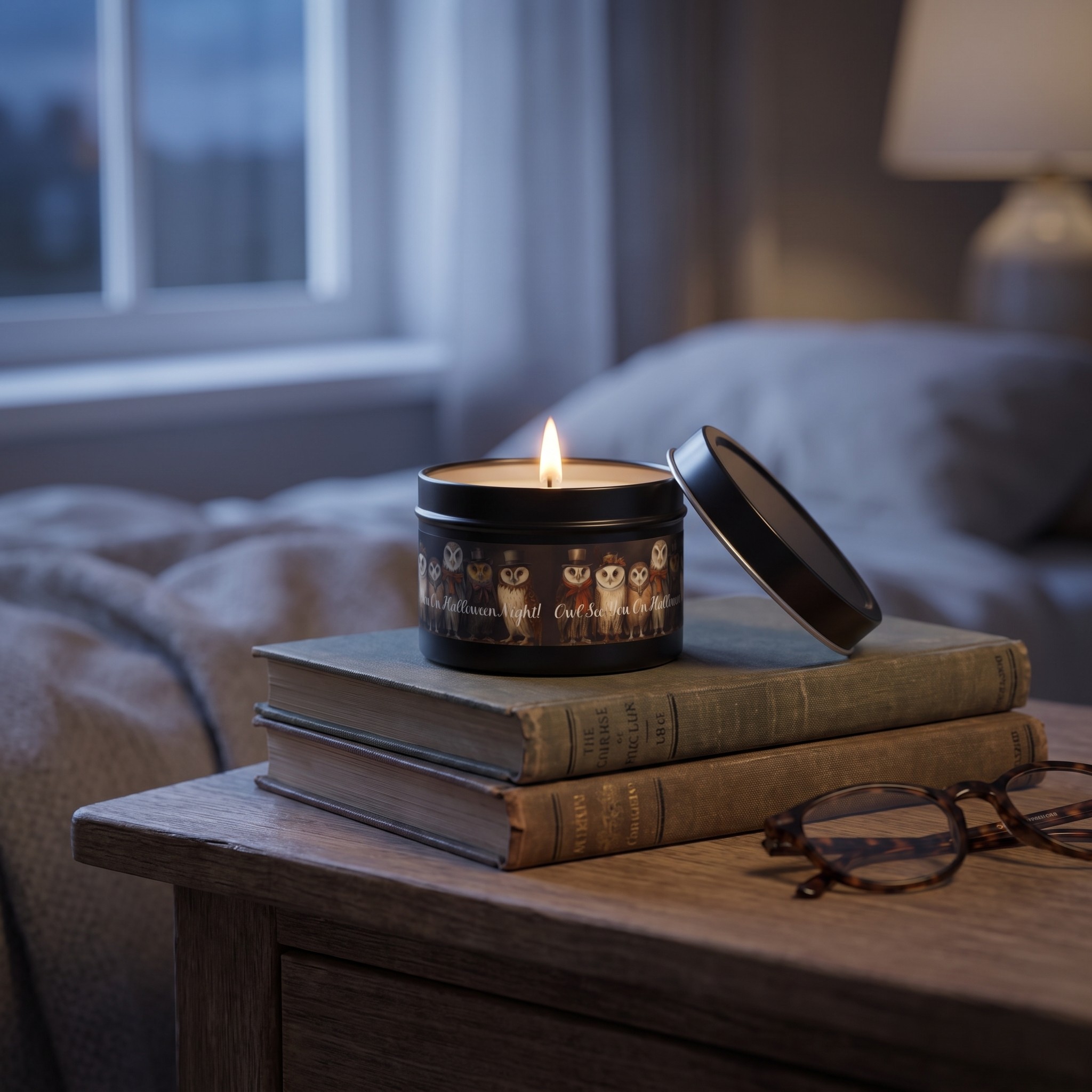 Owl See You on Halloween Night! Tin Candle. A Wise Glow for Spooky Nights. Available in 2 sizes, 3 finishes, and 5 scents.