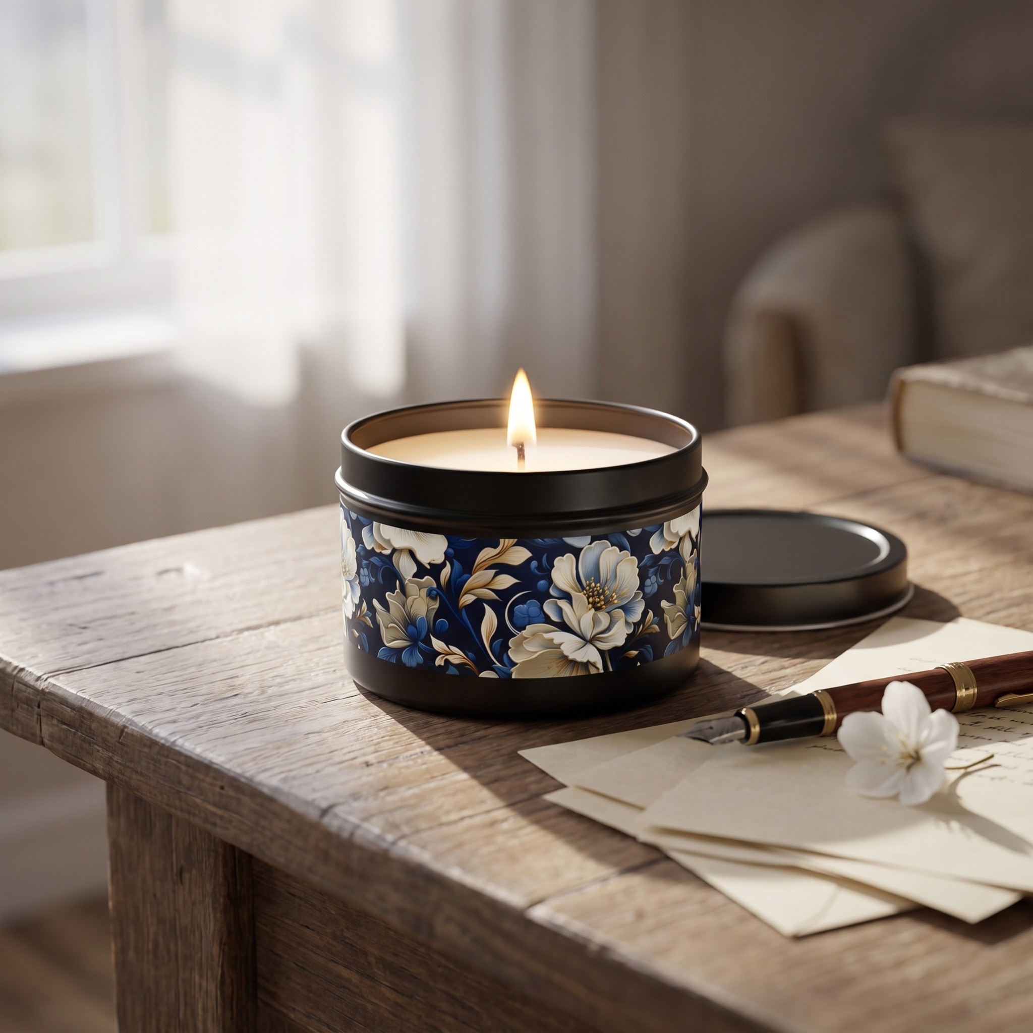 Whitman Floral Tin Candle. A Poet's Garden in a Tin. Available in 2 sizes, 3 finishes, and 5 scents.