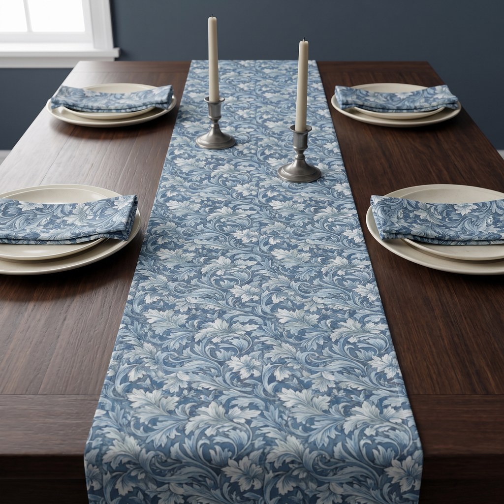 Soft Blue Leaf Tapestry Table Runner - Cotton Twill - Available in 2 sizes: 16" x 72" and 16" x 90".