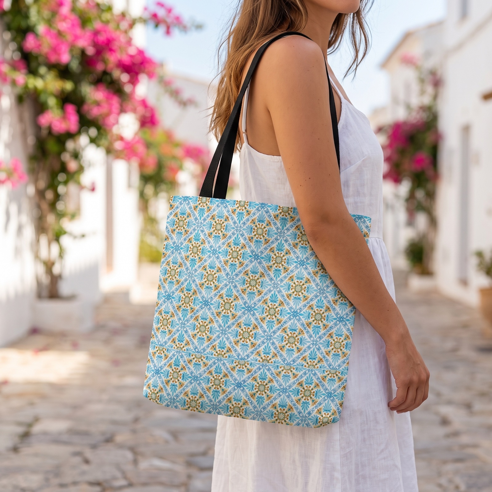 Mediterranean Mosaic Tote Bag - Cool, Calm, Collected - Carry Mediterranean Charm Everywhere! Available in 3 sizes.