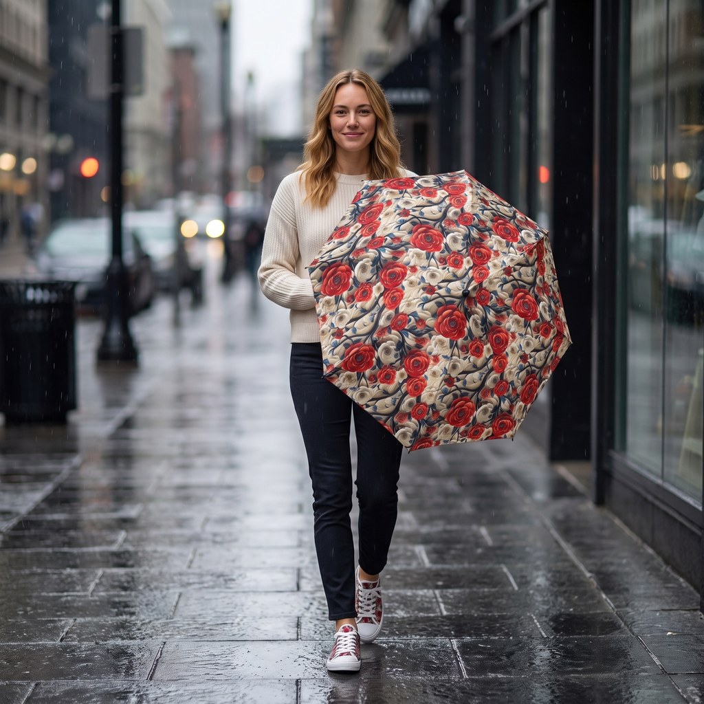 3D Rose Trellis Foldable Umbrella - Compact Semi-Automatic Travel Umbr