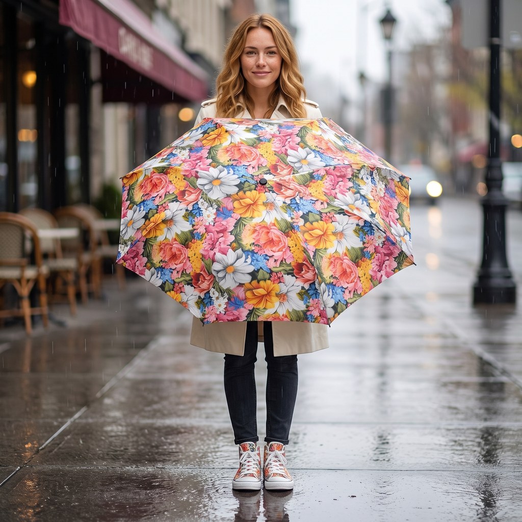 Chic Floral Foldable Umbrella - Compact Semi-Automatic Travel Umbrella