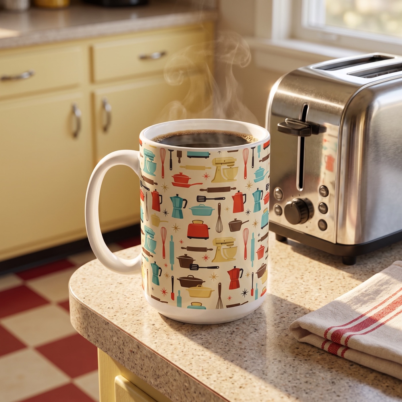 Midcentury Kitchen Tools Ceramic Mug - 15 oz - Art on Every Side, Morn