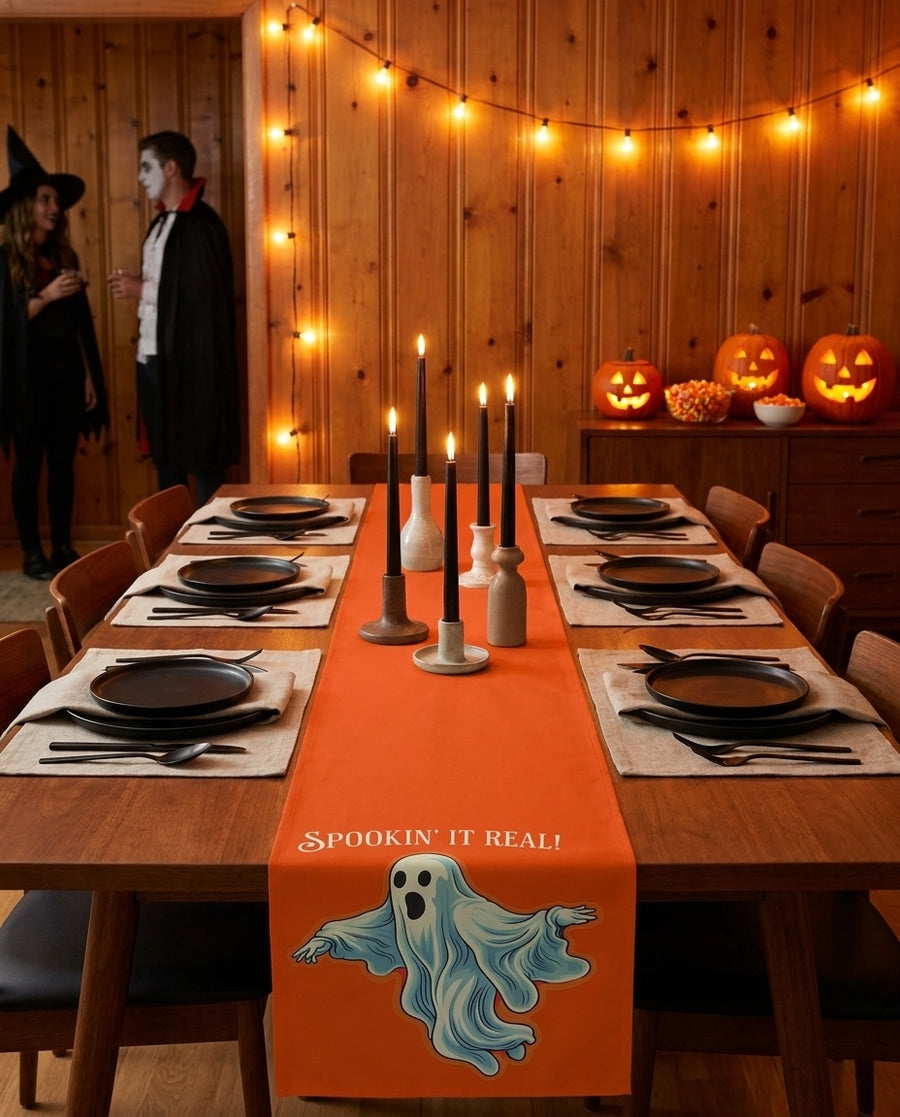 Spookin' It Real! Orange Halloween Table Runner - Serve up some spooky fun with retro charm! Available in 2 Sizes.