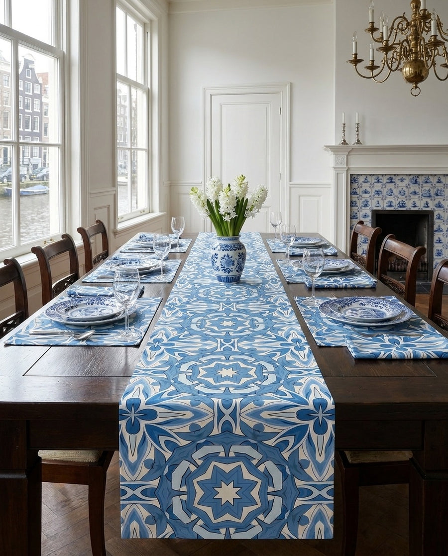 Delft Blue Star Tile Table Runner - Bring Blue and White Dutch Eleganc