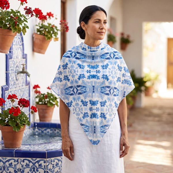 Blue Spanish Tile Poly Voile Scarf. Lightweight & Stylish Accessory, Available in 2 sizes: 25" x 25" or 50" x 50"