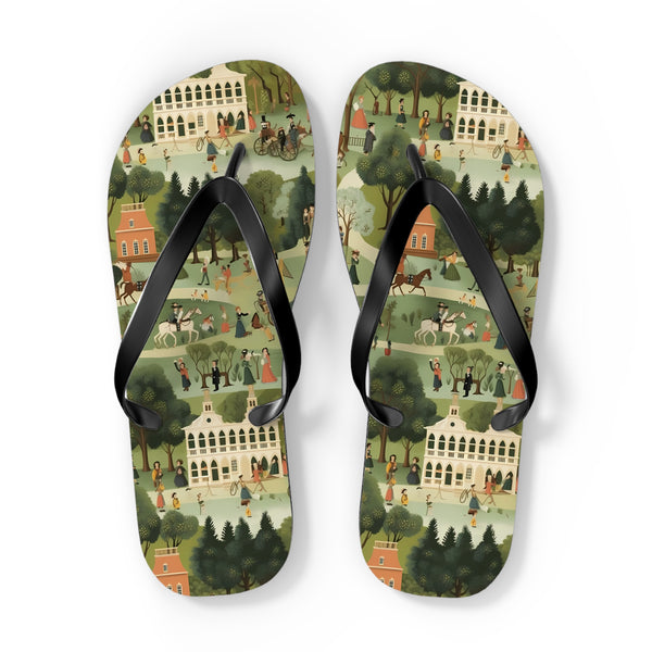 American 18th Century Town Tapestry Flip Flops. 5/8" Thick Comfortable
