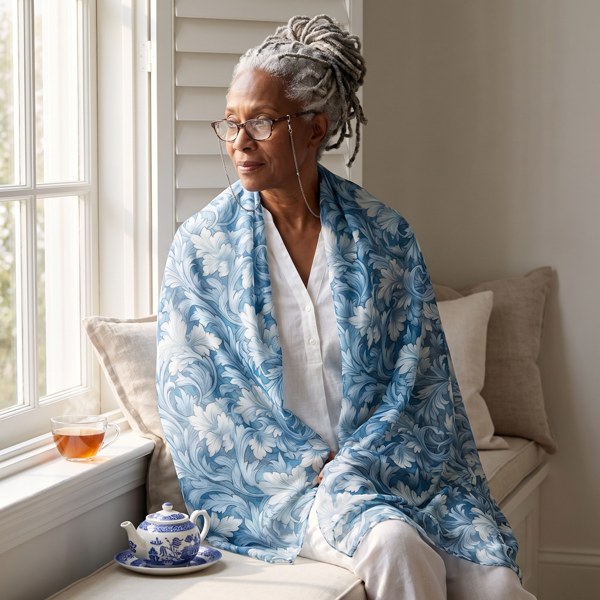 Soft Blue Leaf Tapestry Poly Voile Scarf. Lightweight & Stylish Accessory, Available in 2 sizes: 25" x 25" or 50" x 50"