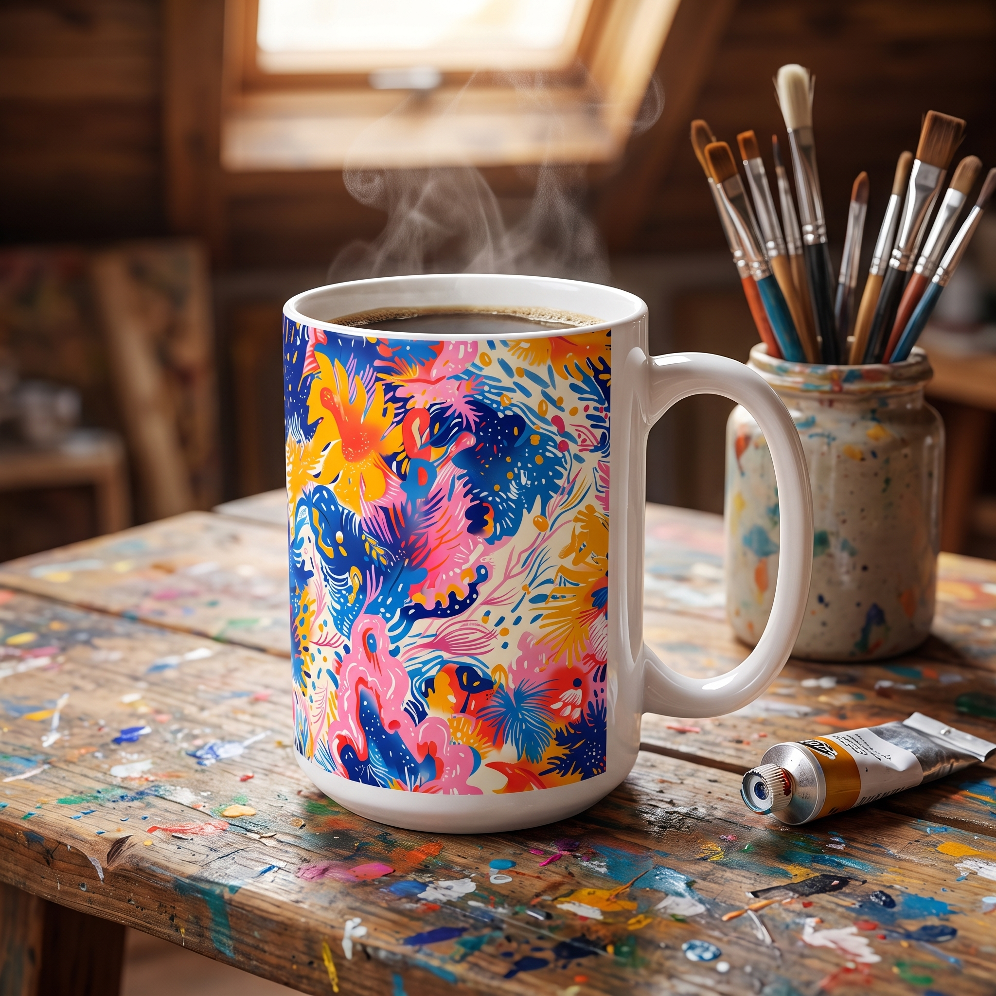 Splatter Blossom Ceramic Mug - 15 oz. - Sip in Style - Artful Moments in Every Pour!