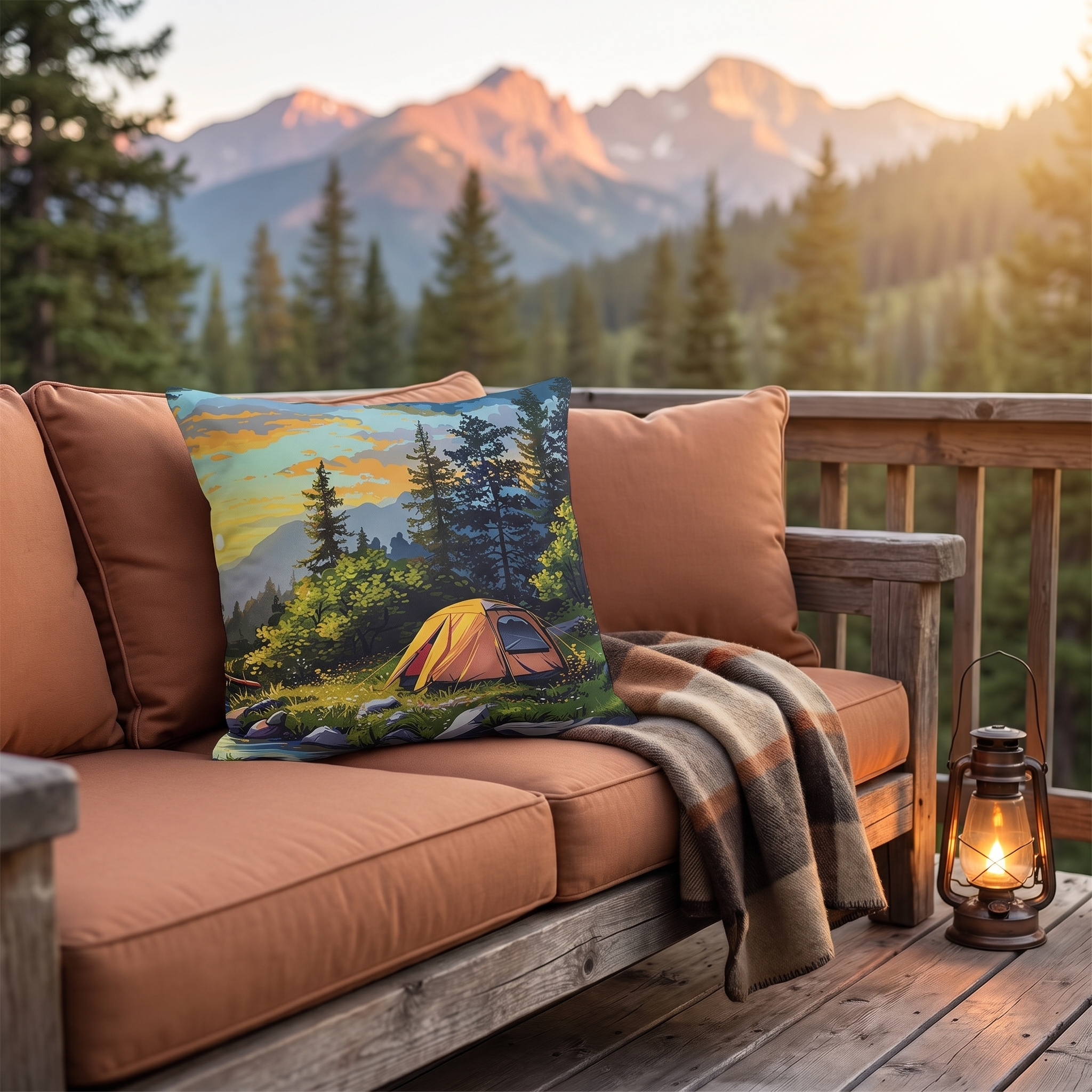 Sunset Mountain Retreat Square Outdoor Pillow - Spun Polyester - Double-Sided Print - UV-Resistant - Water-Resistant - Available in 3 sizes.