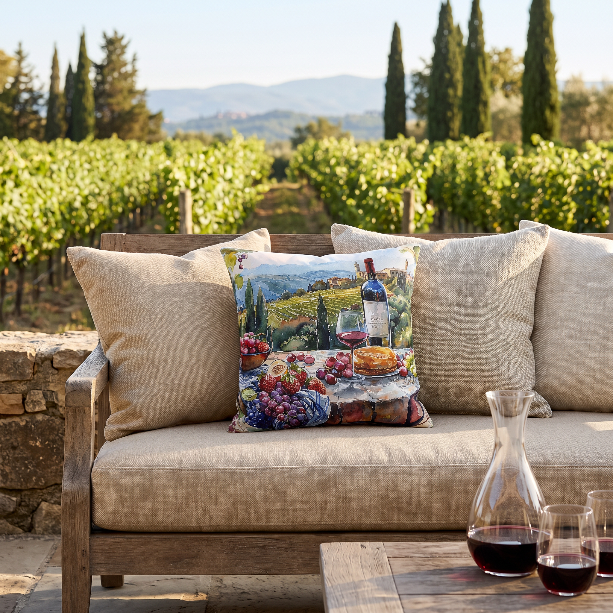 Tuscan Vineyard Vignette Square Outdoor Pillow - Spun Polyester - Double-Sided Print - UV-Resistant - Water-Resistant - Available in 3 sizes.