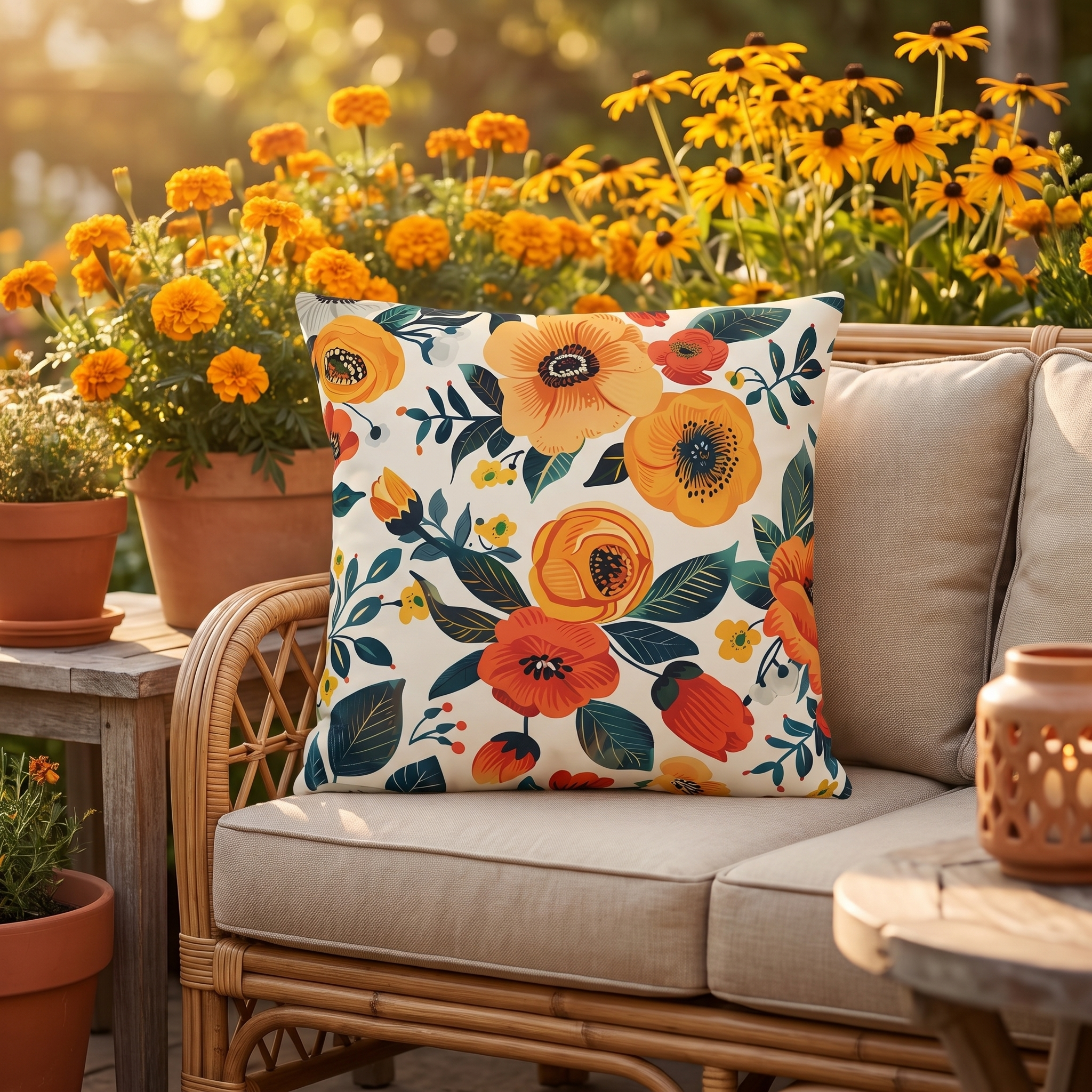 Golden Bloom Harmony Square Outdoor Pillow - Spun Polyester - Double-Sided Print - UV-Resistant - Water-Resistant - Available in 3 sizes.
