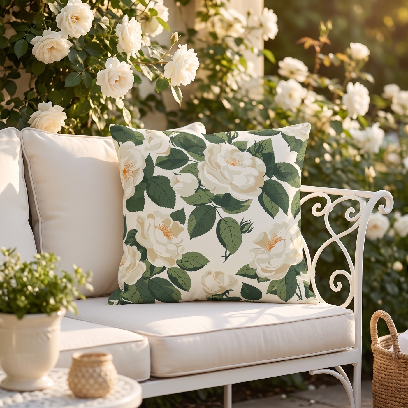 White Roses at Dawn Square Outdoor Pillow - Spun Polyester - Double-Si