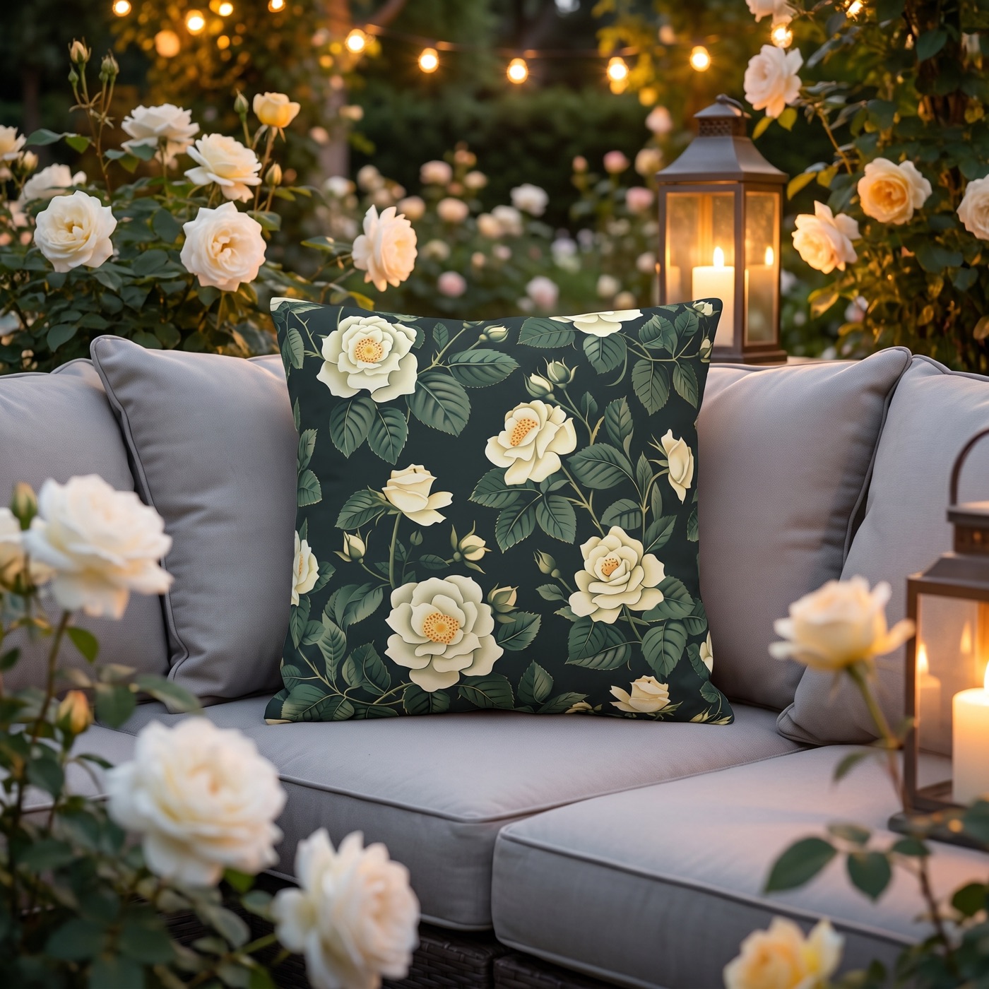 White Roses at Dusk Square Outdoor Pillow Outdoor Throw Pillow — view 1