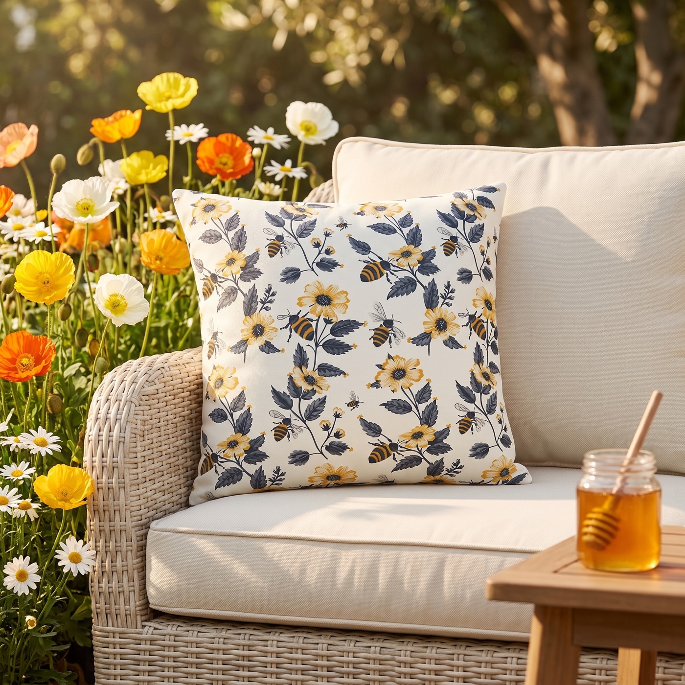 Buzzing Blossoms Square Outdoor Pillow Outdoor Throw Pillow — view 1