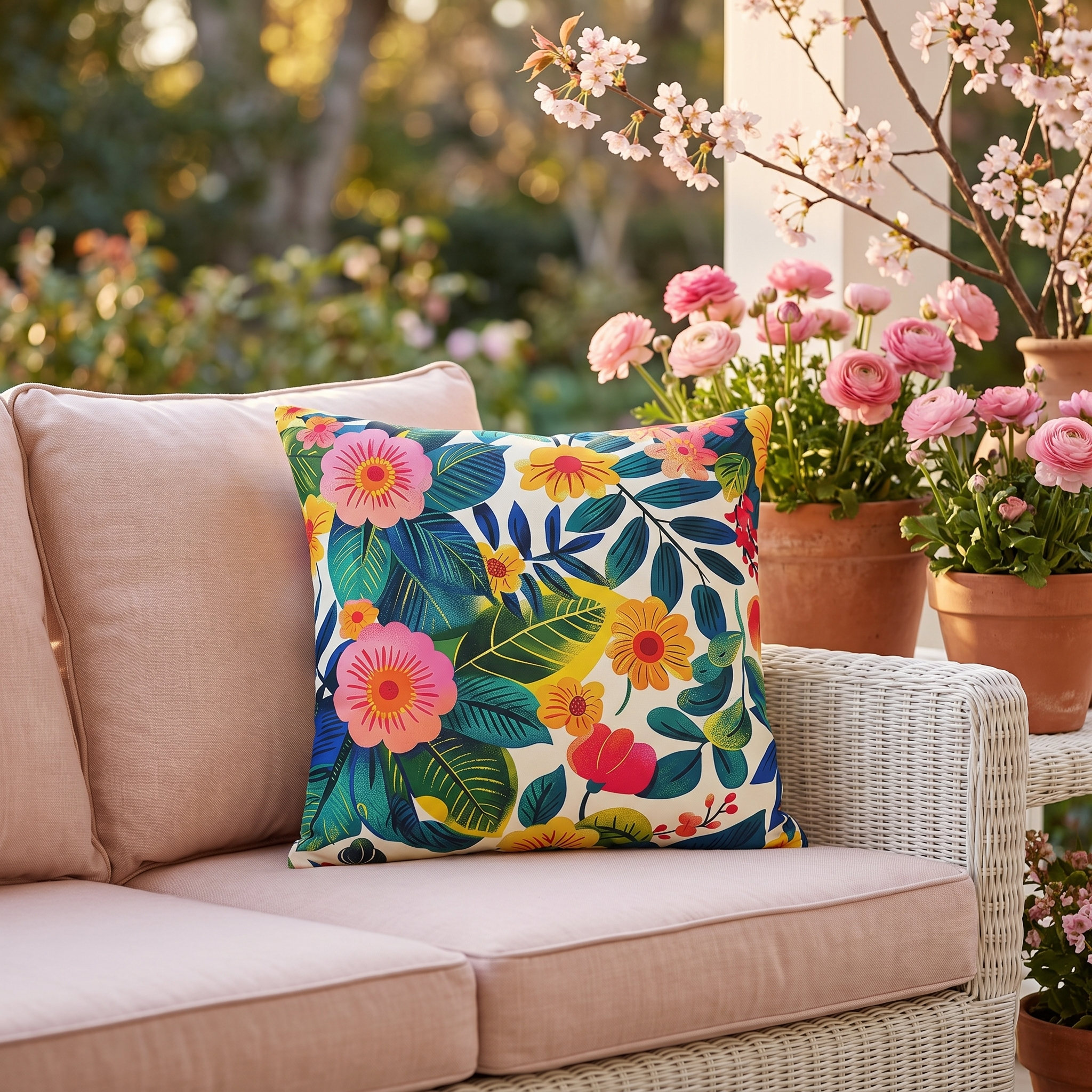 Blossom Bliss Square Outdoor Pillow - Spun Polyester - Double-Sided Print - UV-Resistant - Water-Resistant - Available in 3 sizes.