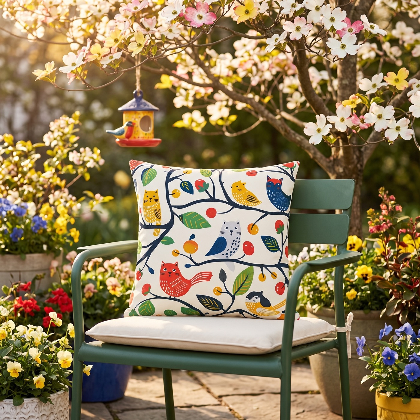 Catbird Tree Square Outdoor Pillow - Spun Polyester - Double-Sided Pri