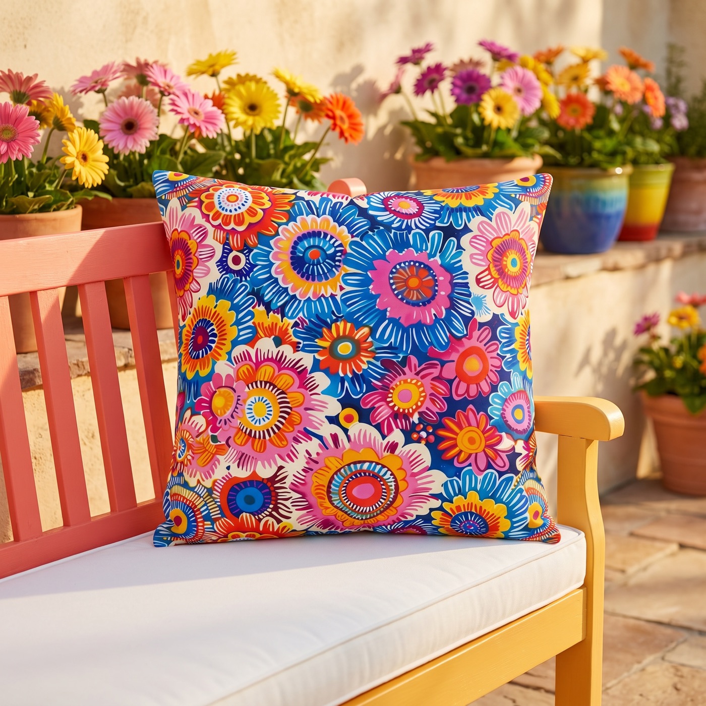 Crayon Blossom Whimsy Square Outdoor Pillow - Spun Polyester - Double-