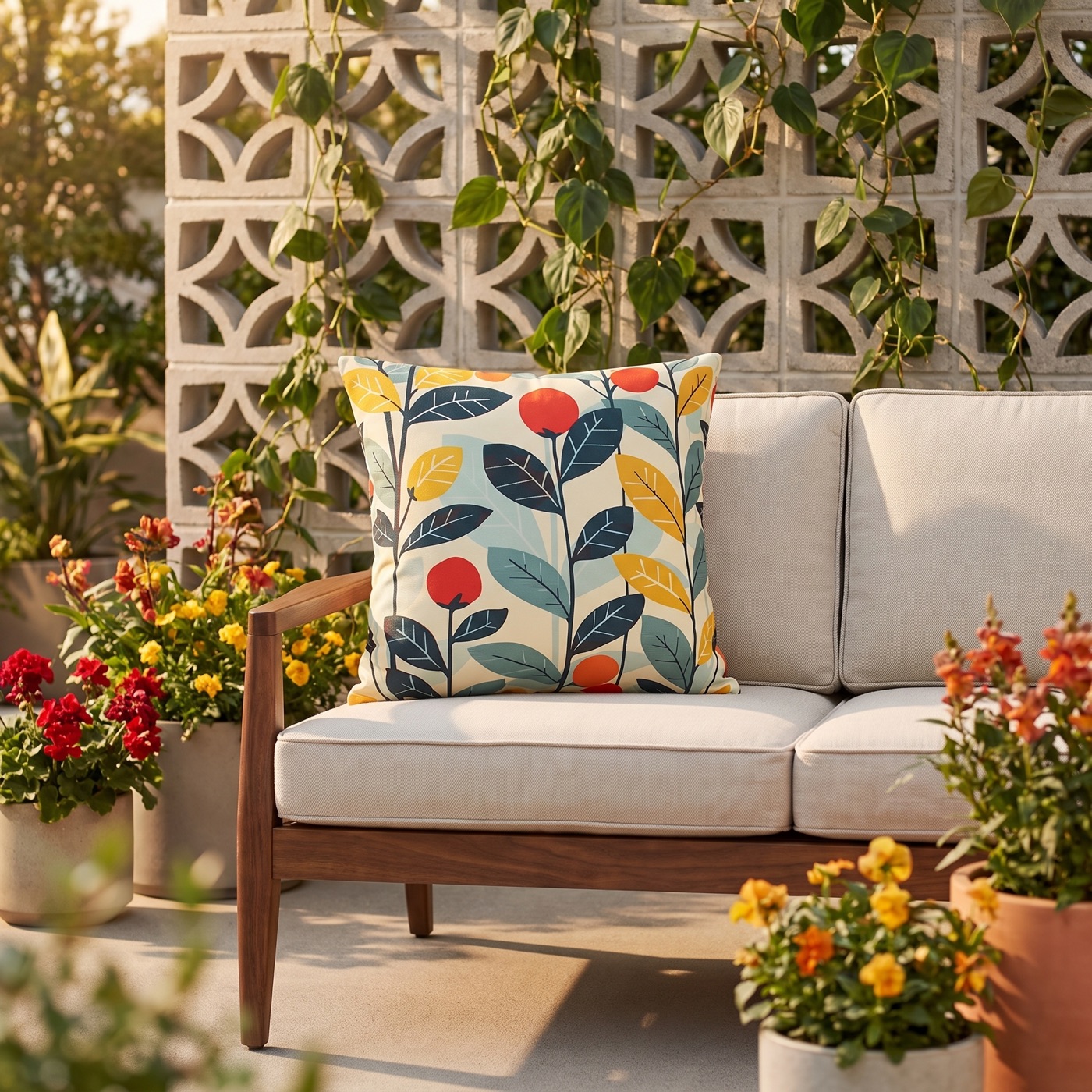 Midcentury Vines Square Outdoor Pillow - Spun Polyester - Double-Sided