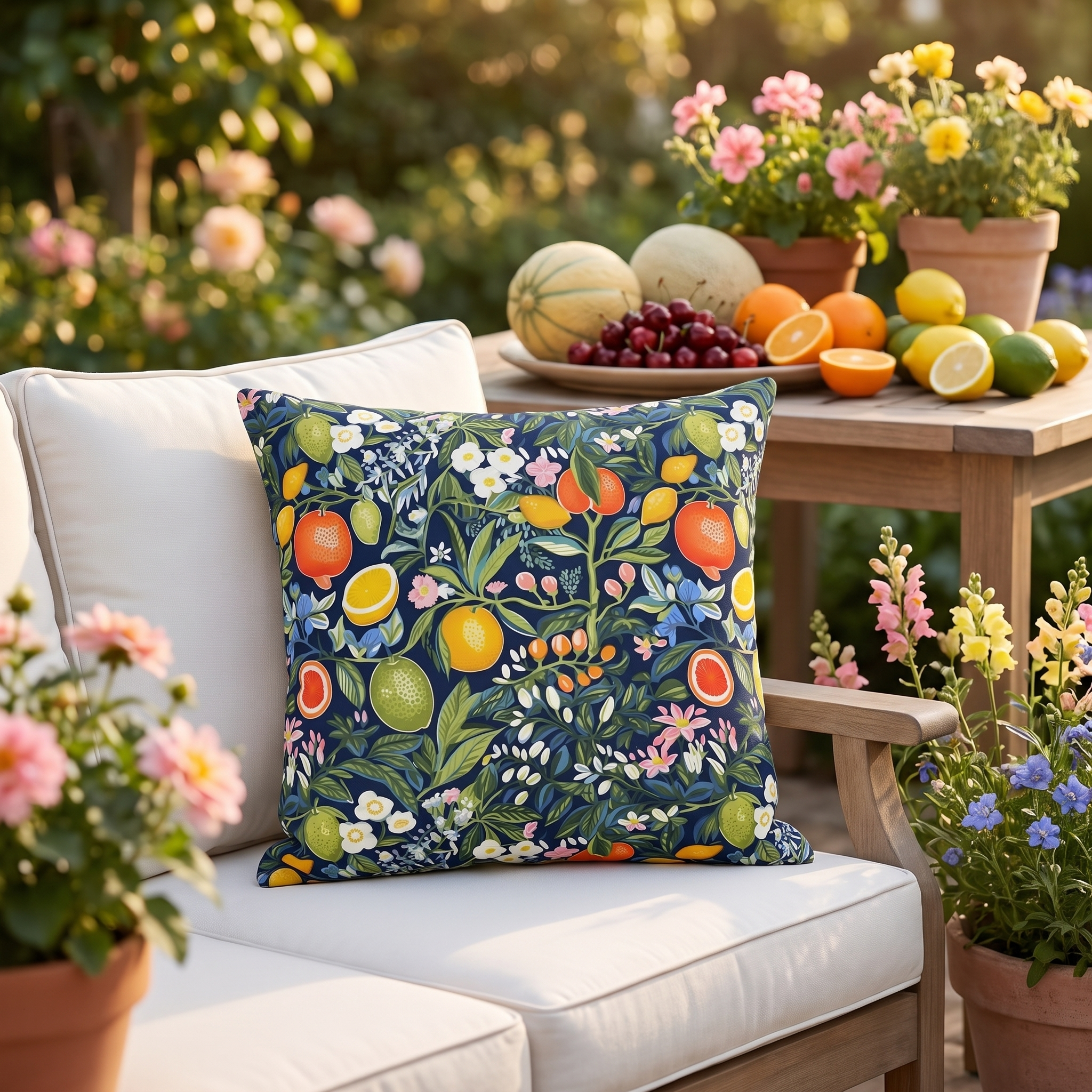Magical Fruitiness Square Outdoor Pillow - Spun Polyester - Double-Sided Print - UV-Resistant - Water-Resistant - Available in 3 sizes.