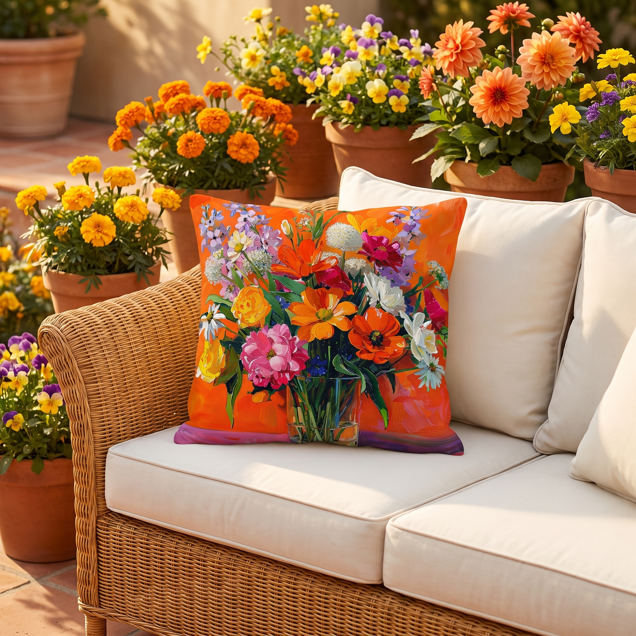 Blossoms on Orange Square Outdoor Pillow - Spun Polyester - Double-Sided Print - UV-Resistant - Water-Resistant - Available in 3 sizes.