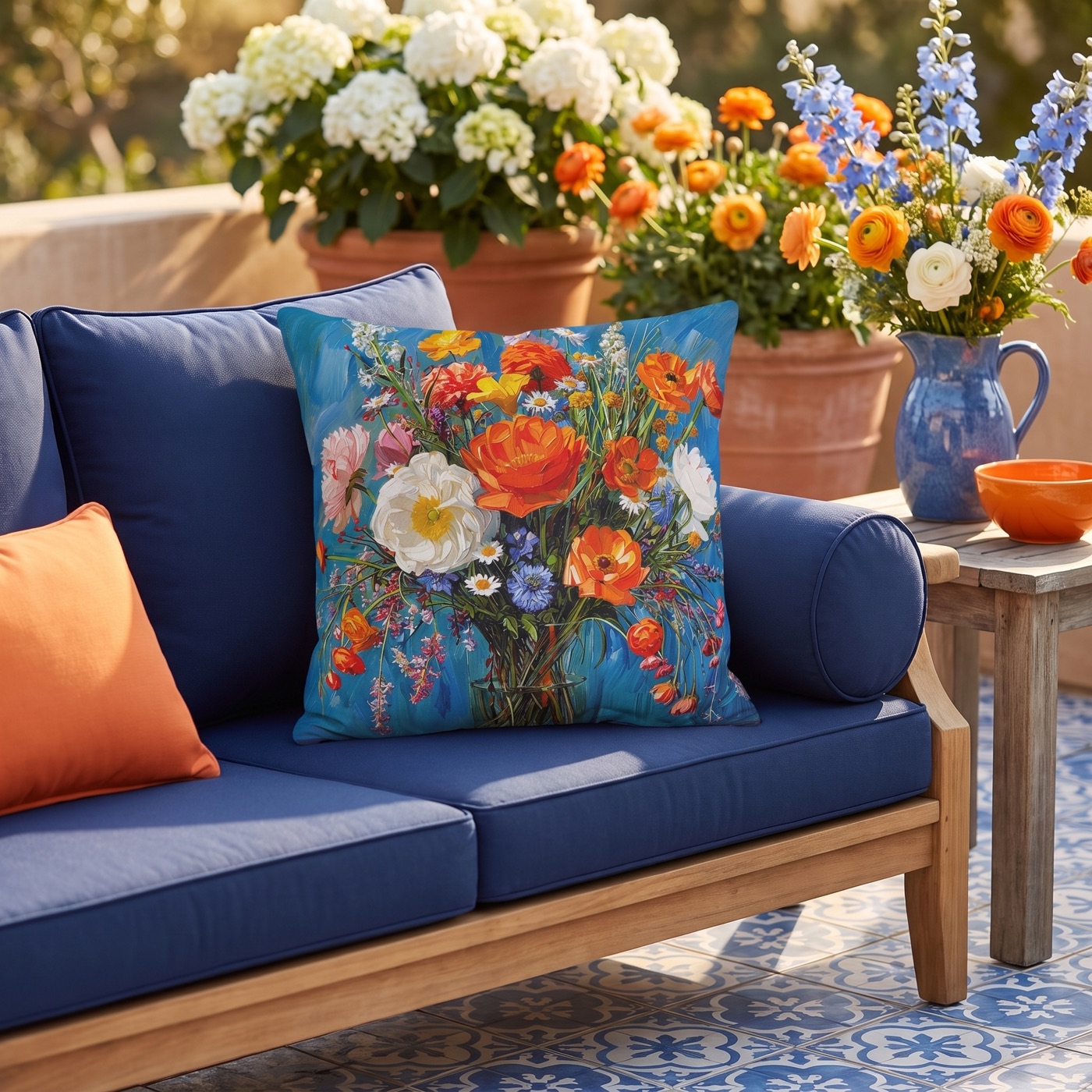 Blossoms on Blue Square Outdoor Pillow - Spun Polyester - Double-Sided