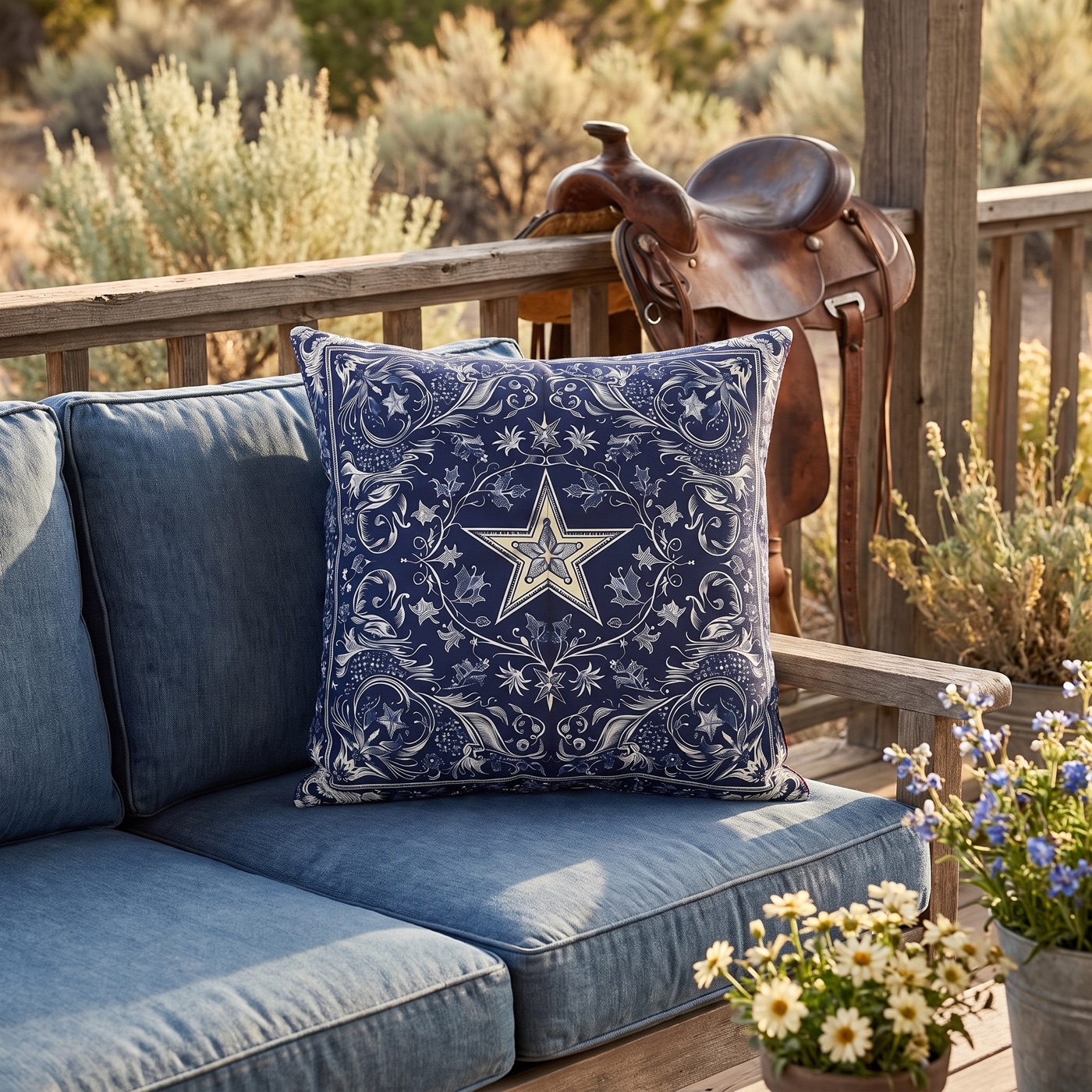 Western Blue Scarf Square Outdoor Pillow - Spun Polyester - Double-Sid