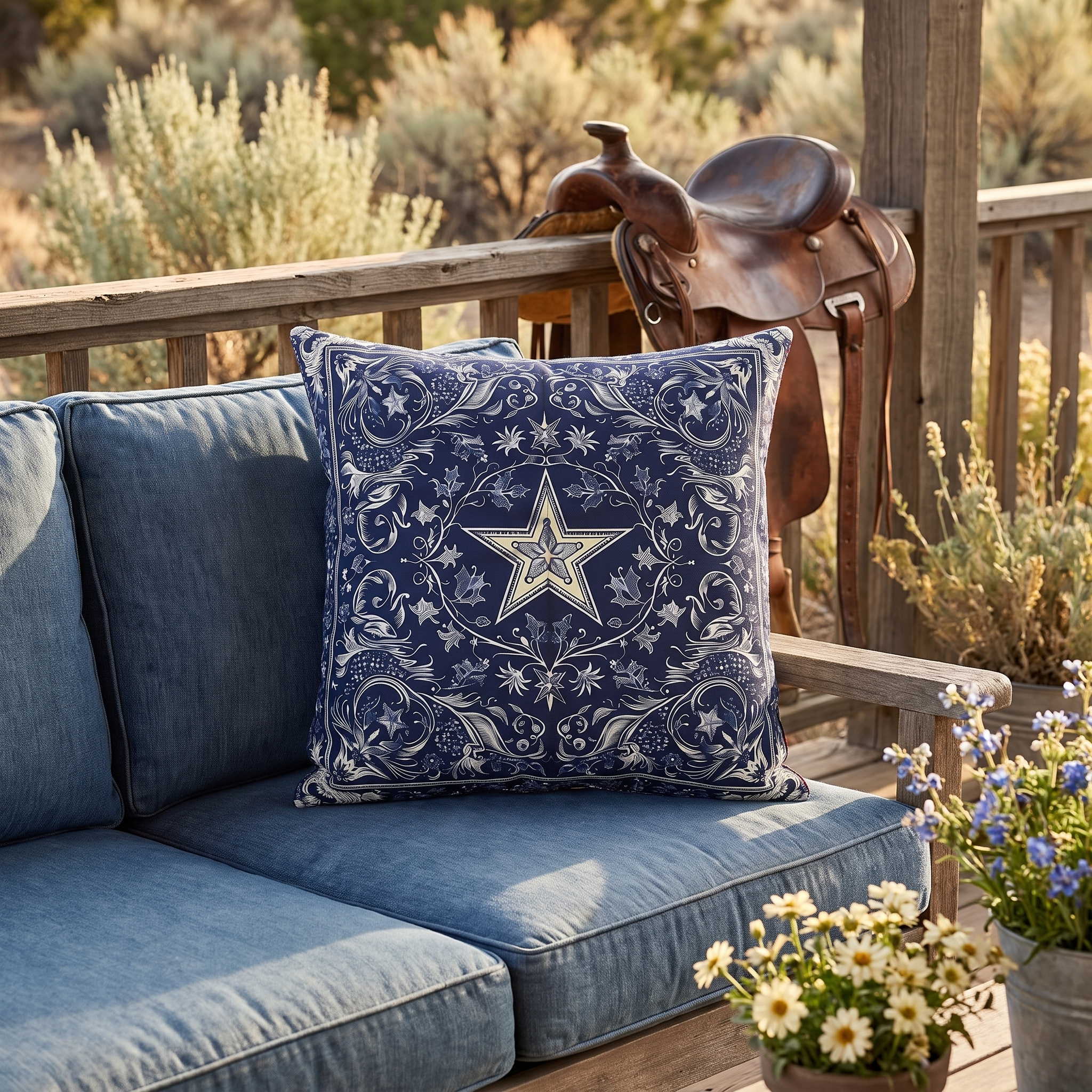 Western Blue Scarf Square Outdoor Pillow - Spun Polyester - Double-Sided Print - UV-Resistant - Water-Resistant - Available in 3 sizes.