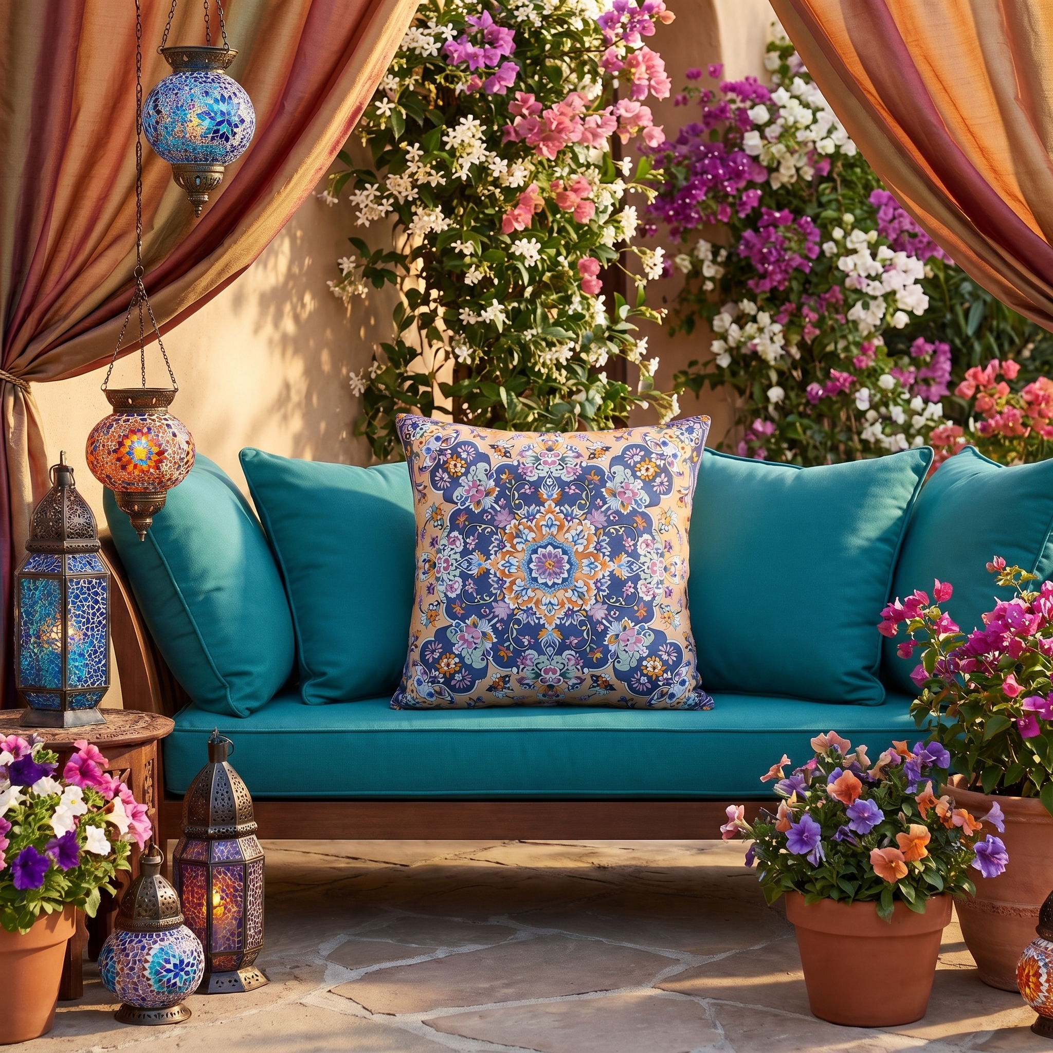 Sultan's Splendor Square Outdoor Pillow - Spun Polyester - Double-Sided Print - UV-Resistant - Water-Resistant - Available in 3 sizes.