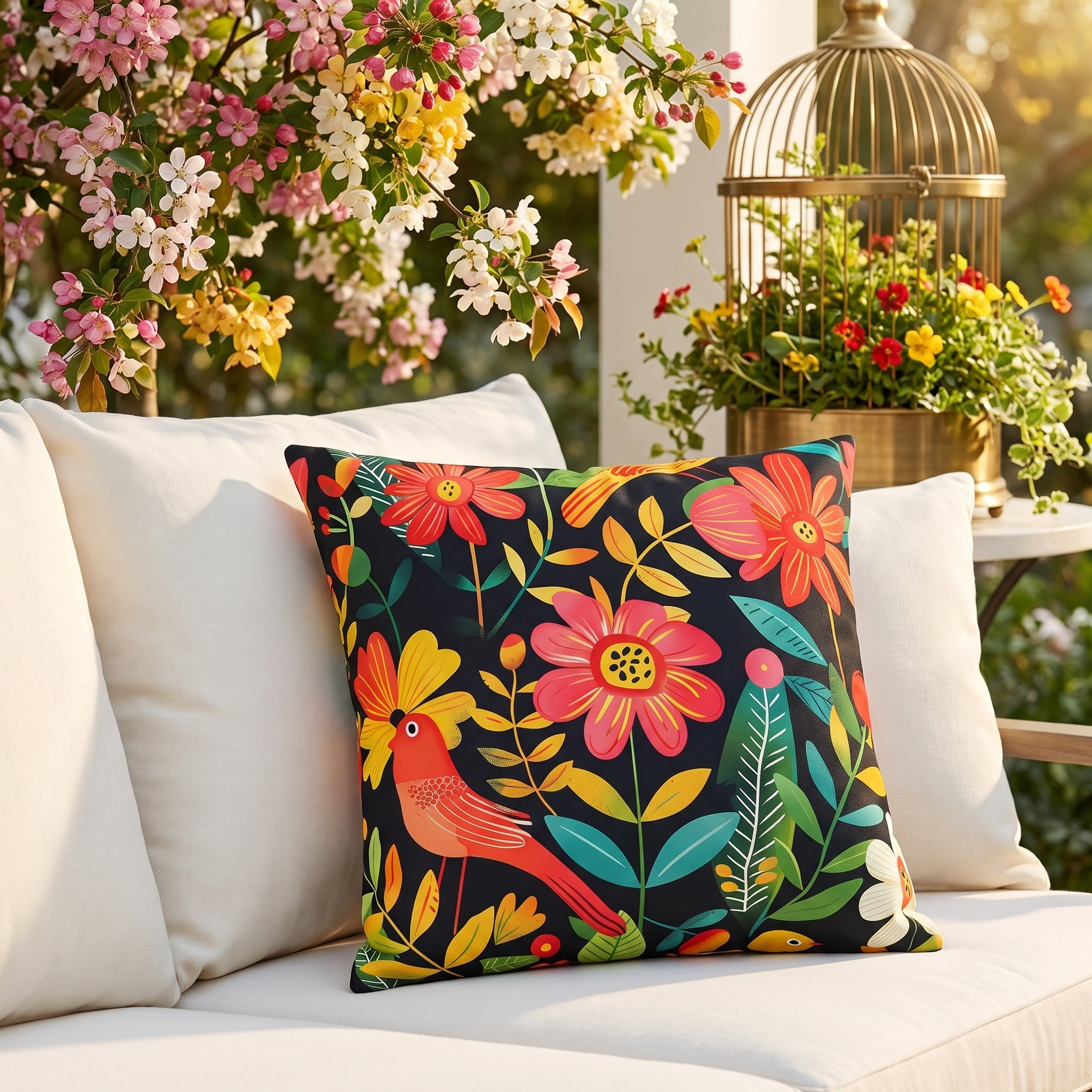 Blooming Bird Wonderland Square Outdoor Pillow - Spun Polyester - Doub