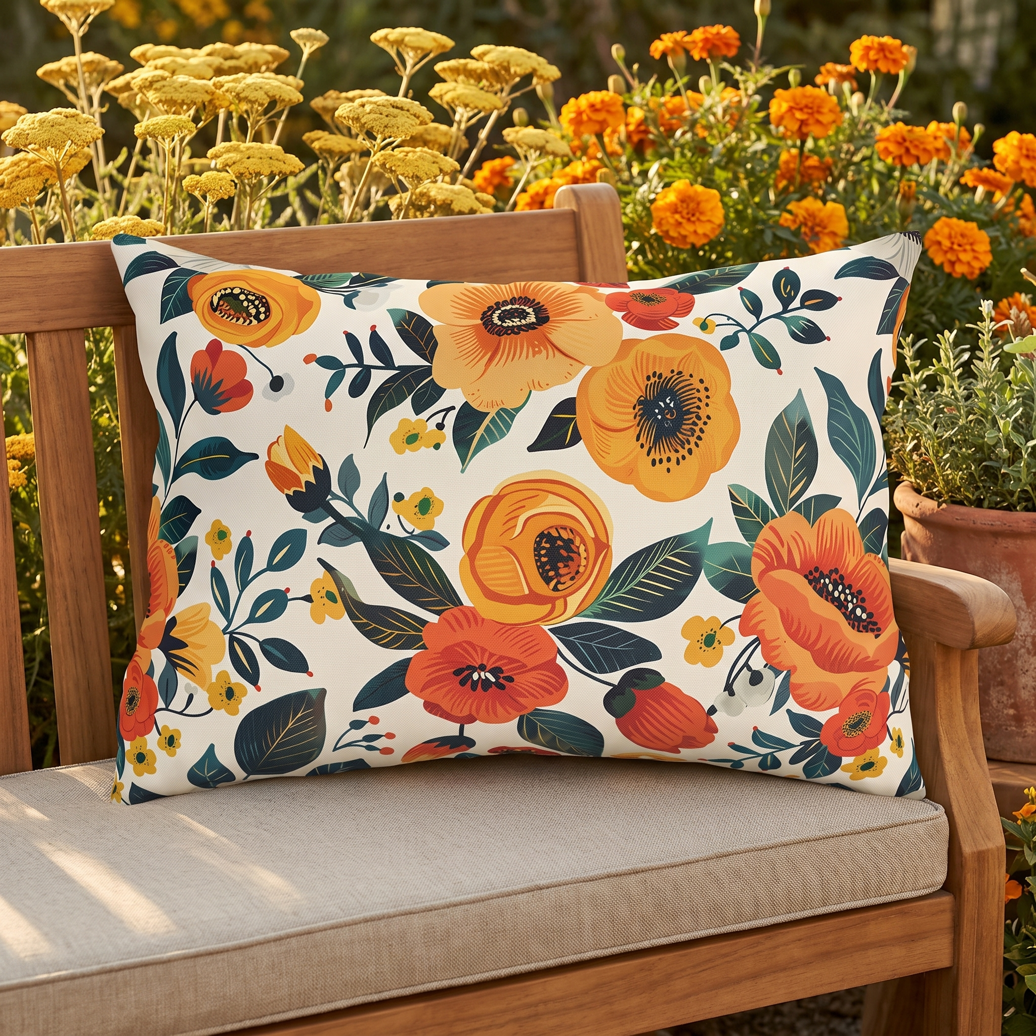 Golden Bloom Harmony Outdoor Lumbar Pillow - Spun Polyester - Double-Sided Print - UV-Resistant - Water-Resistant - Lumbar size: 20" x 14"