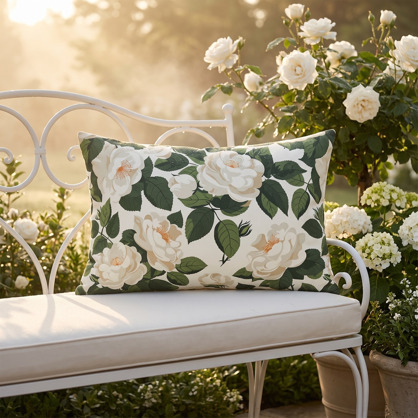 White Roses at Dawn Outdoor Lumbar Pillow - Spun Polyester - Double-Si