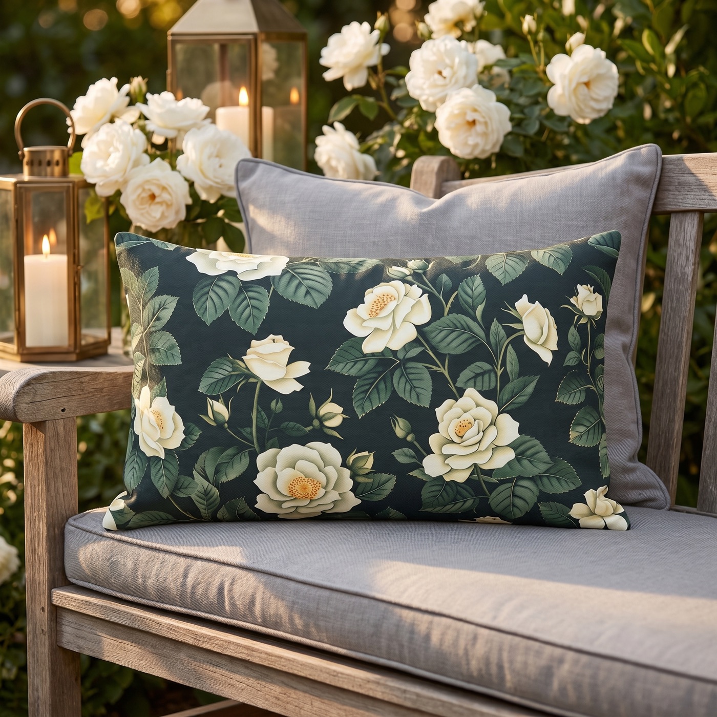 White Roses at Dusk Outdoor Lumbar Pillow - Spun Polyester - Double-Si